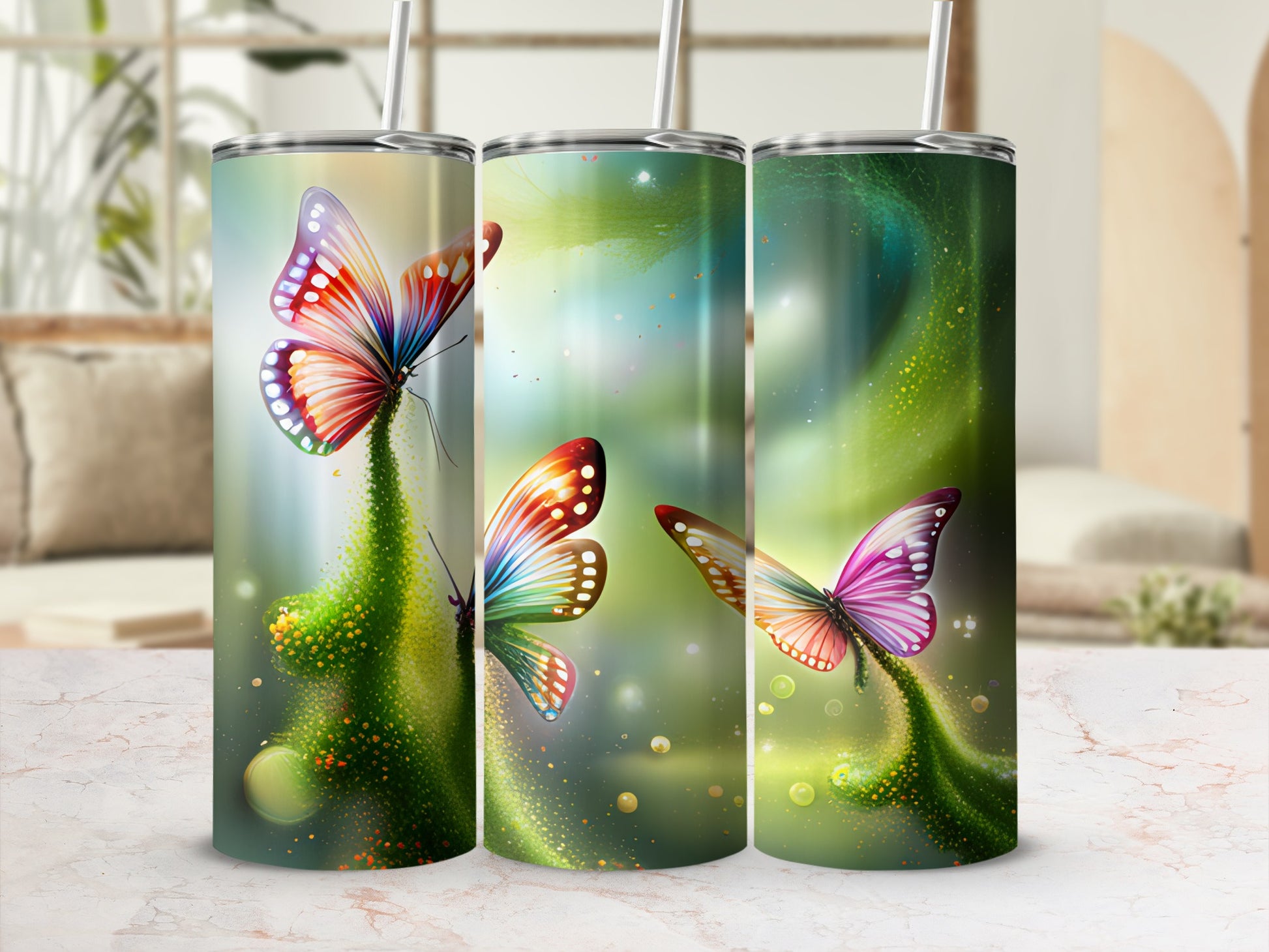 Three tumblers with colorful butterfly designs on a blurred background.