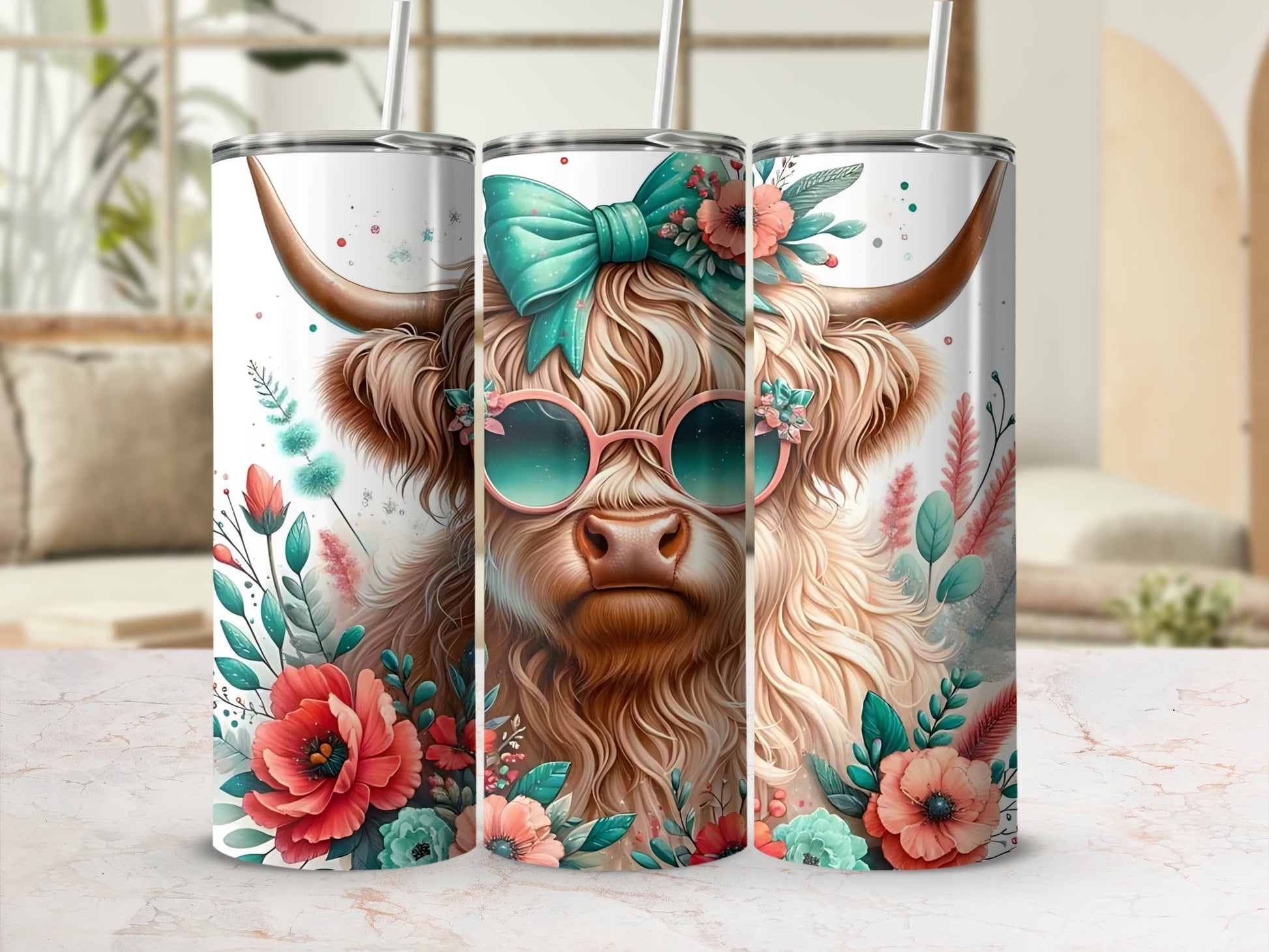 Floral Highland Cow with Sunglasses Skinny Tumbler