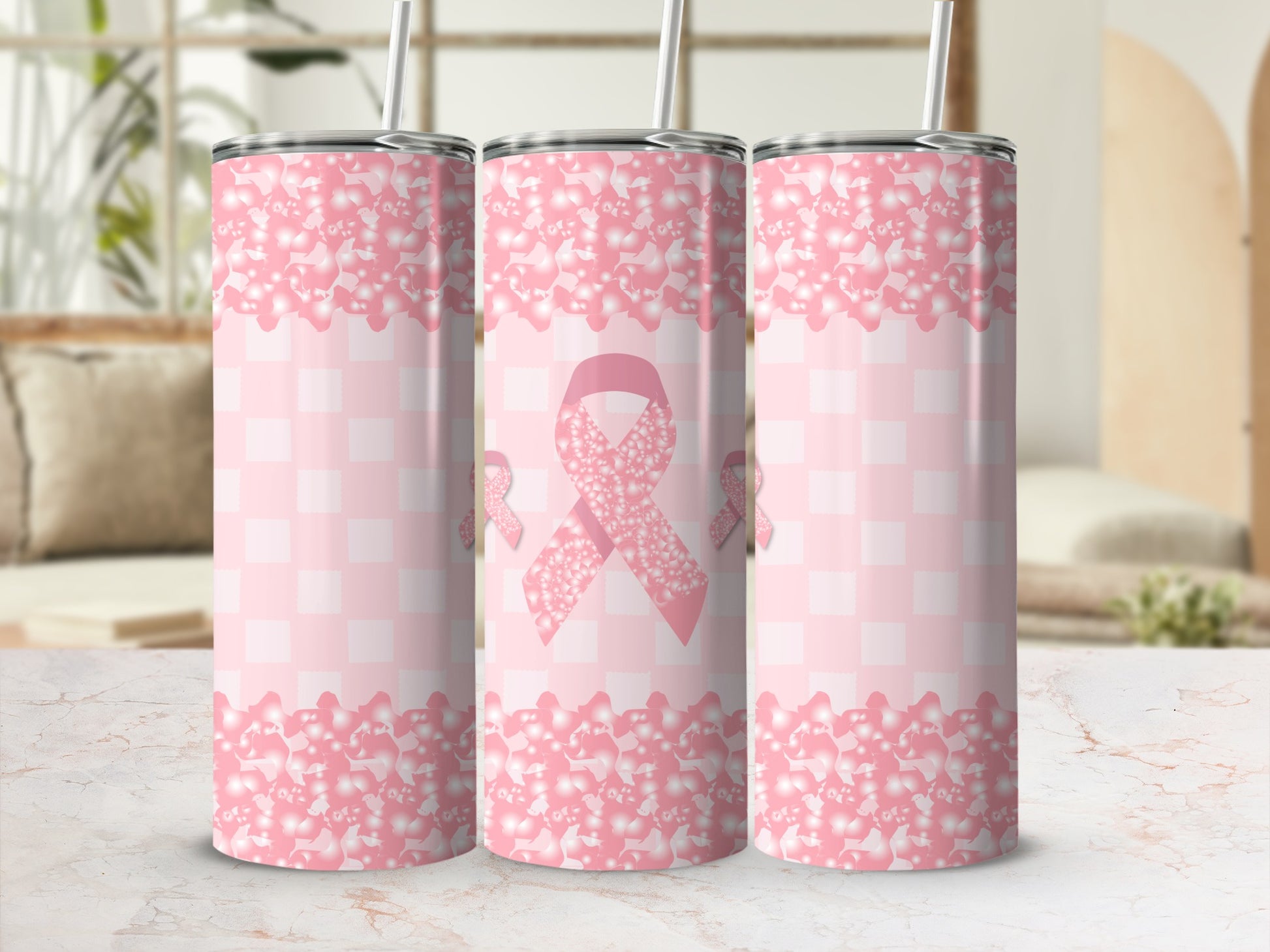 Pink plaid tumbler with breast cancer ribbons and floral pattern.