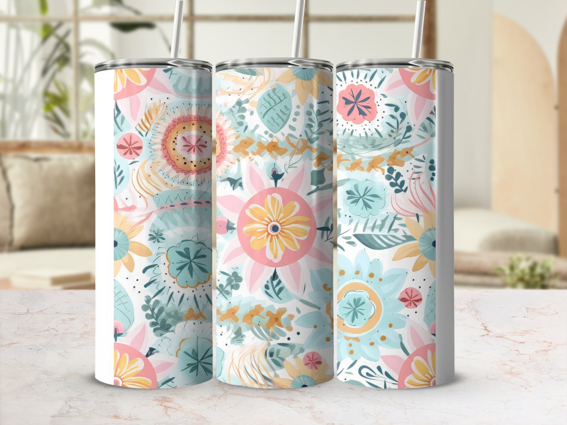 Colorful Floral Pattern Travel Tumbler Insulated Cup