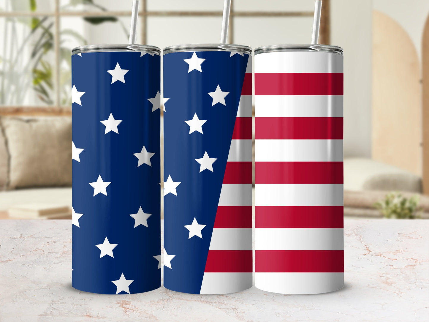 Three tumblers with American flag designs: stars on blue and red/white stripes.
