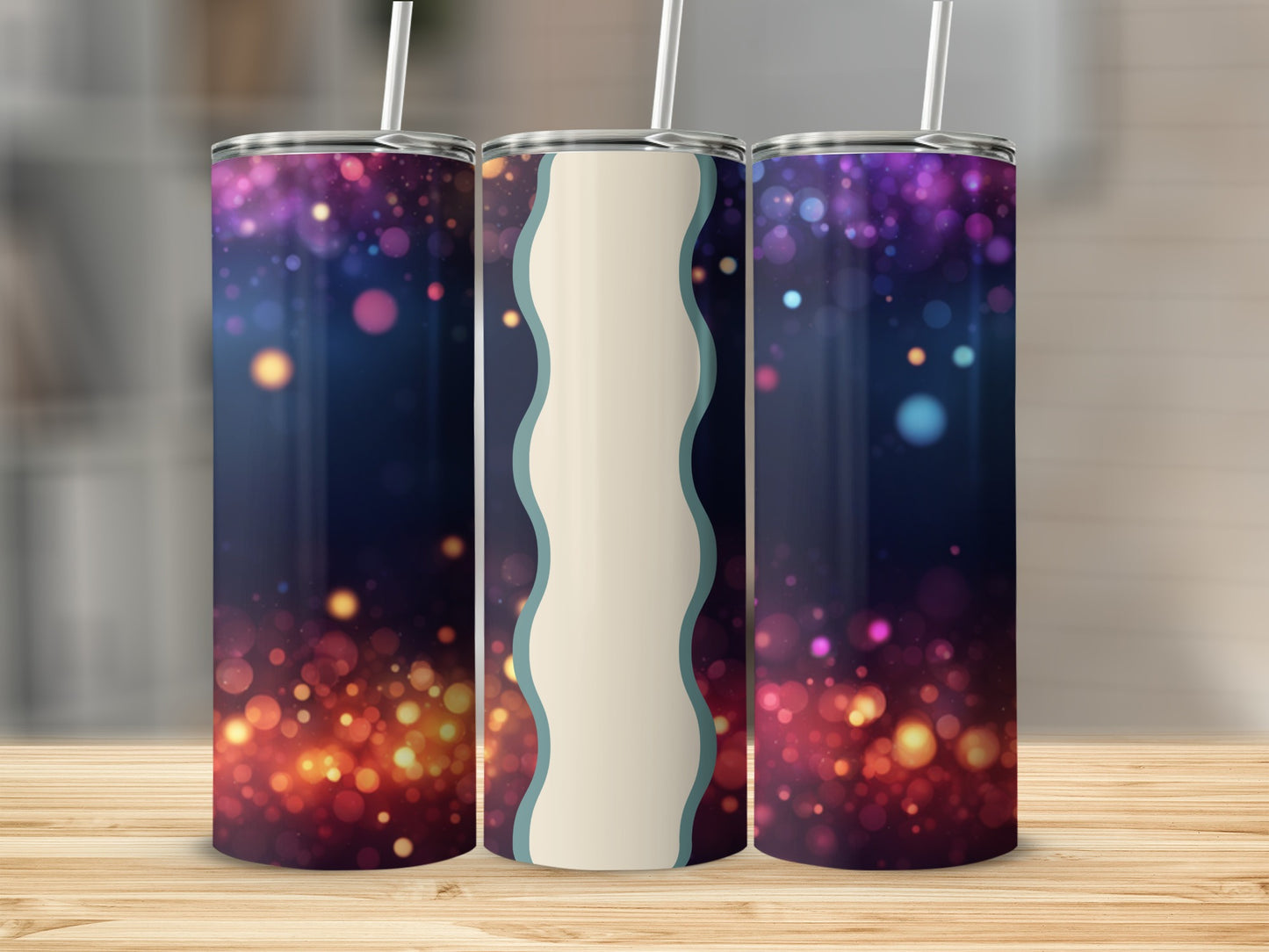 Three tumblers with bokeh lights background and wavy cream panel.