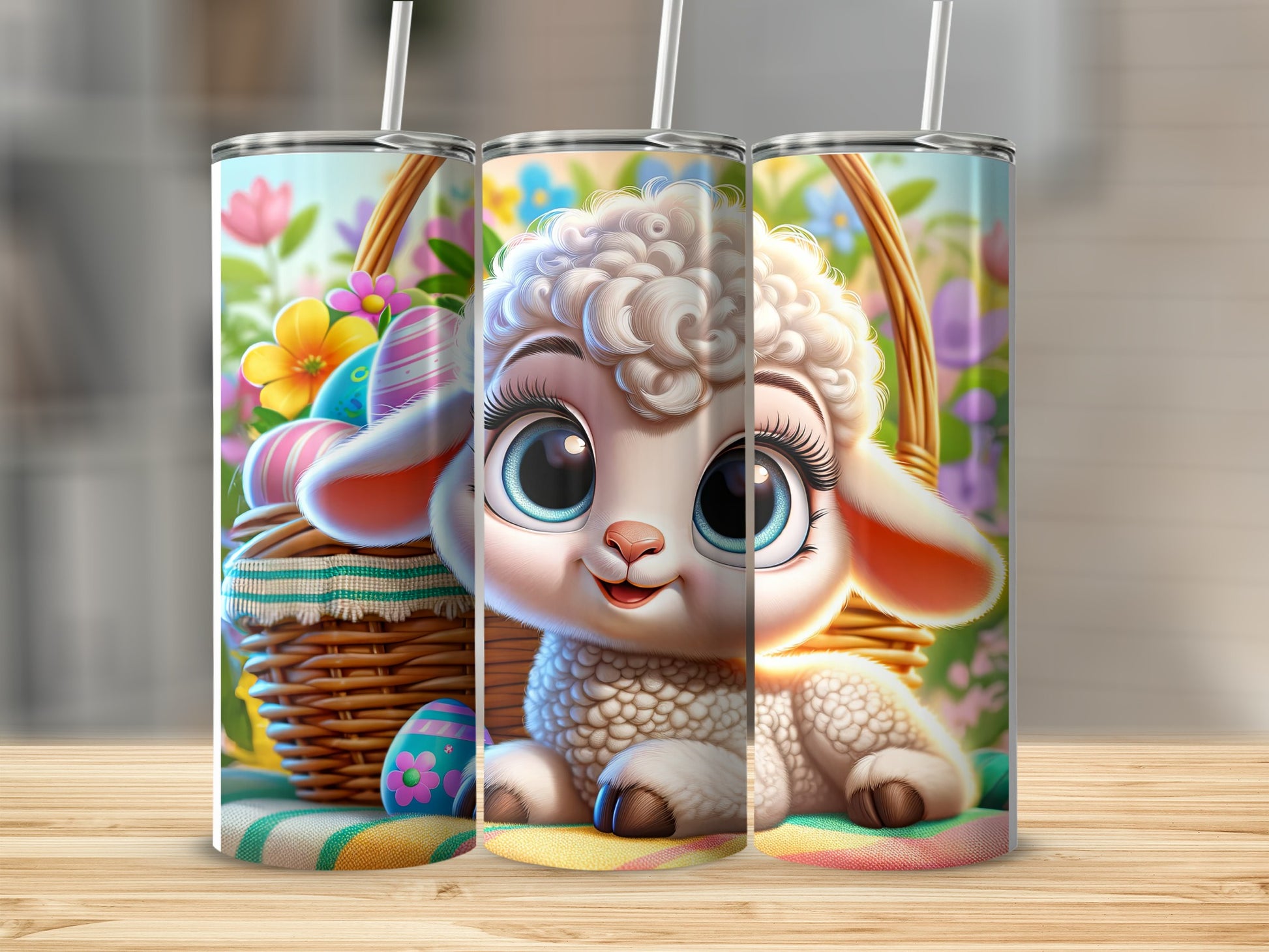 Cute cartoon sheep in a basket with Easter eggs and flowers.