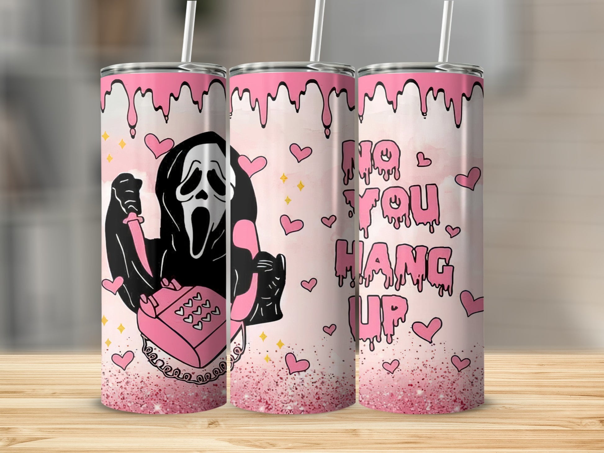 Ghostface mask figure holding a pink rotary phone with "No You Hang Up" text.
