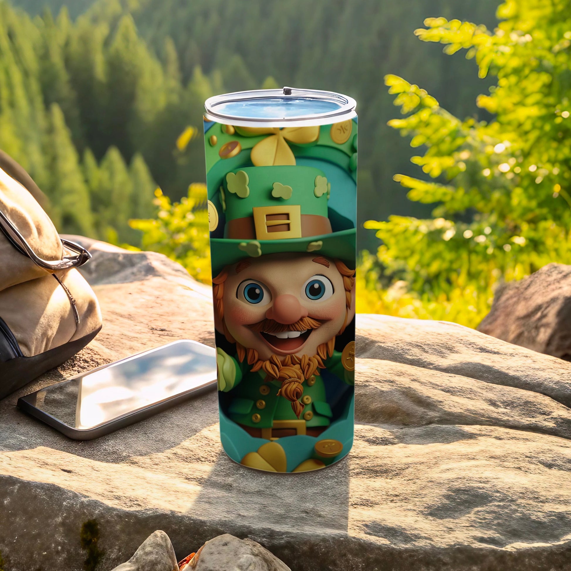 Leprechaun with shamrocks and gold coins on a festive green tumbler.