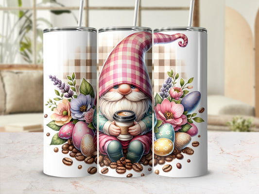 Gnome with coffee cup and Easter eggs on patterned background.