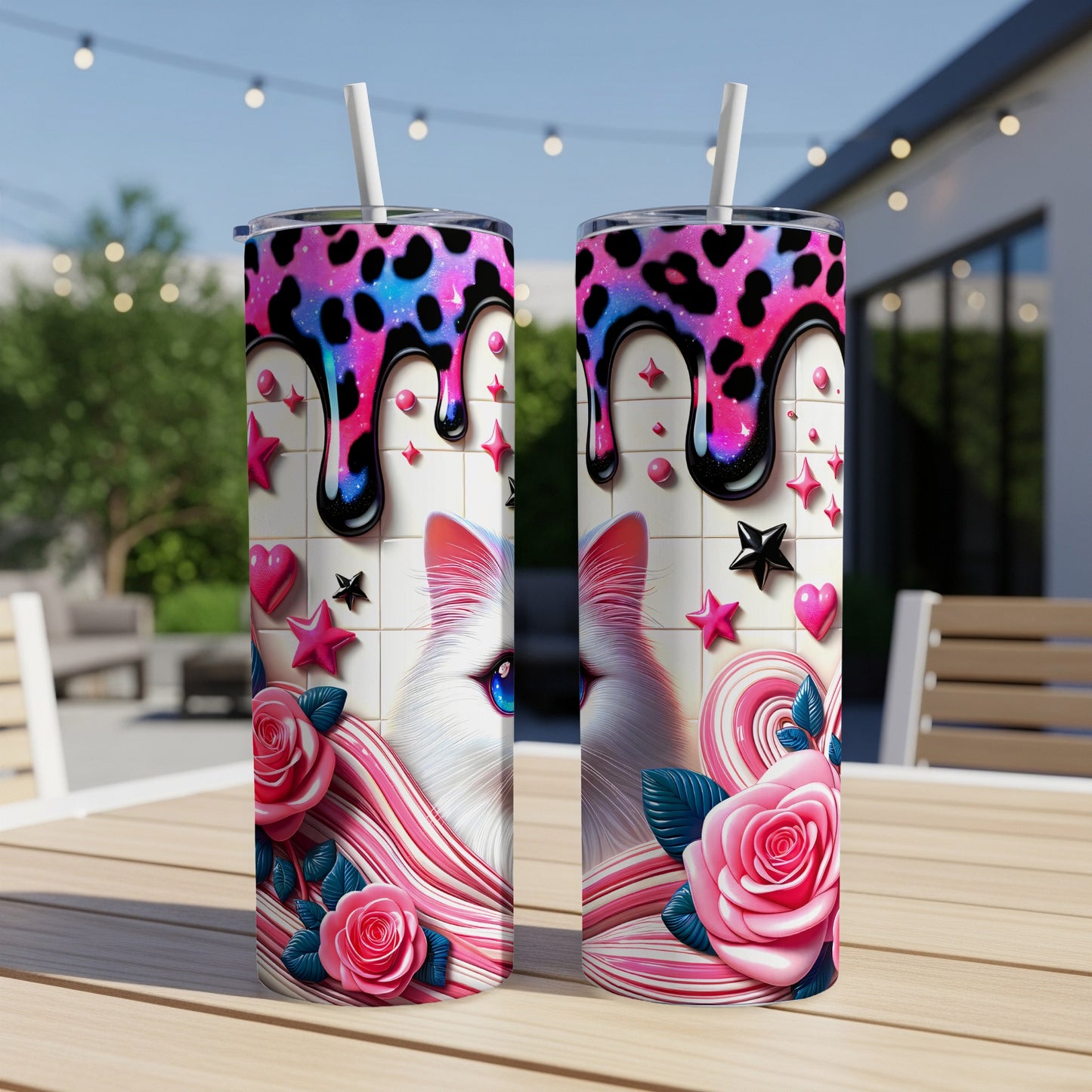 Pink and white cat tumbler with pink roses, hearts, and leopard print drips.