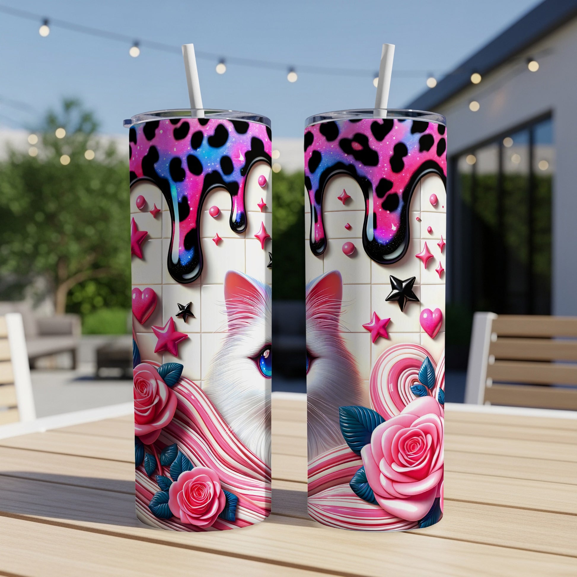 Pink and white cat tumbler with pink roses, hearts, and leopard print drips.