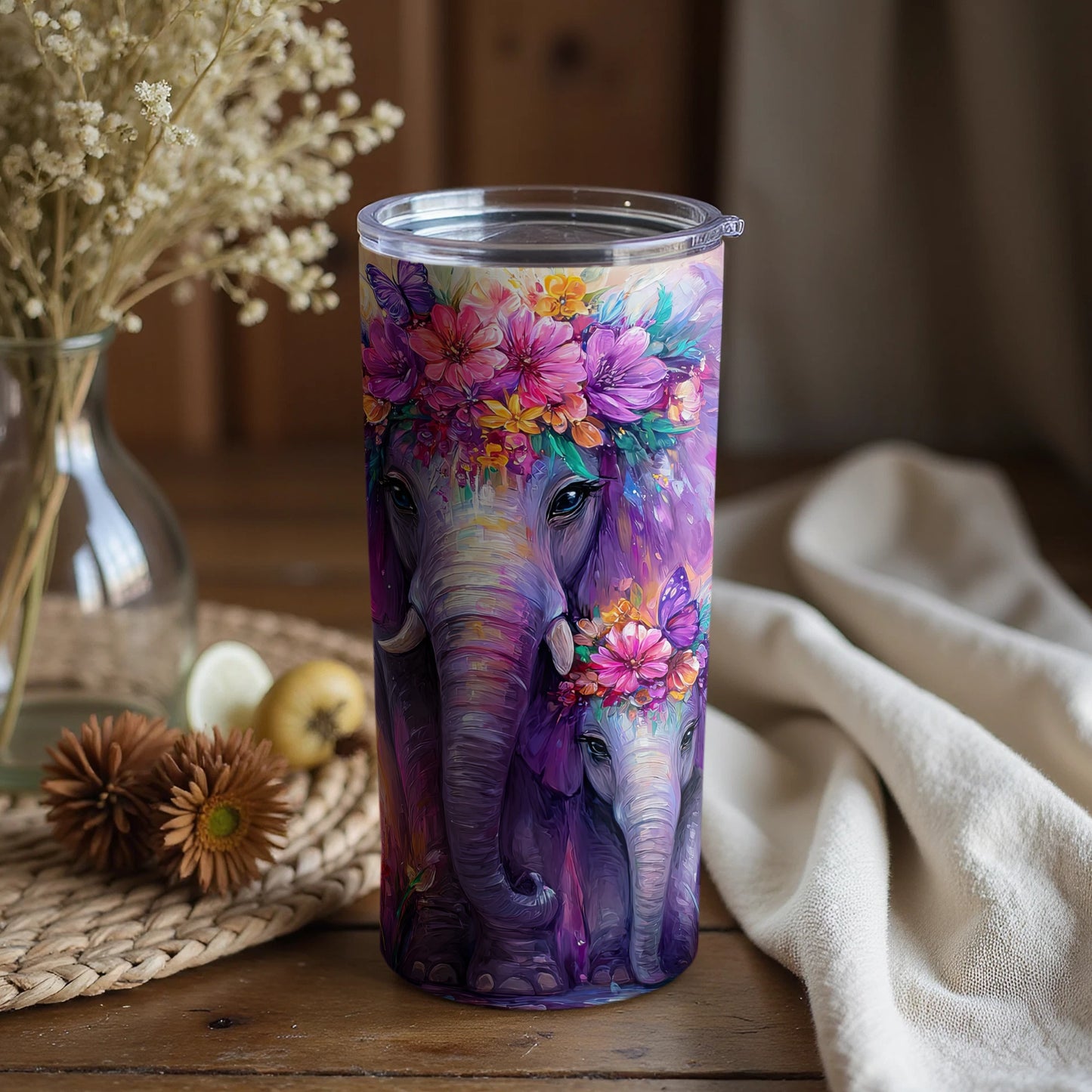 Vibrant Elephant and Flowers Insulated Tumbler