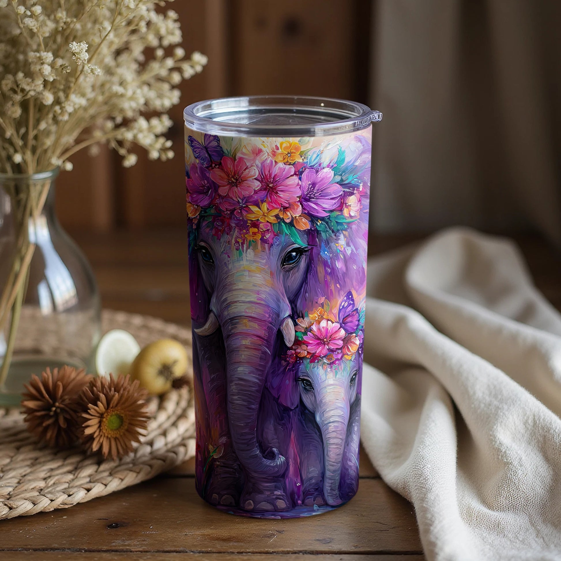 Vibrant Elephant and Flowers Insulated Tumbler