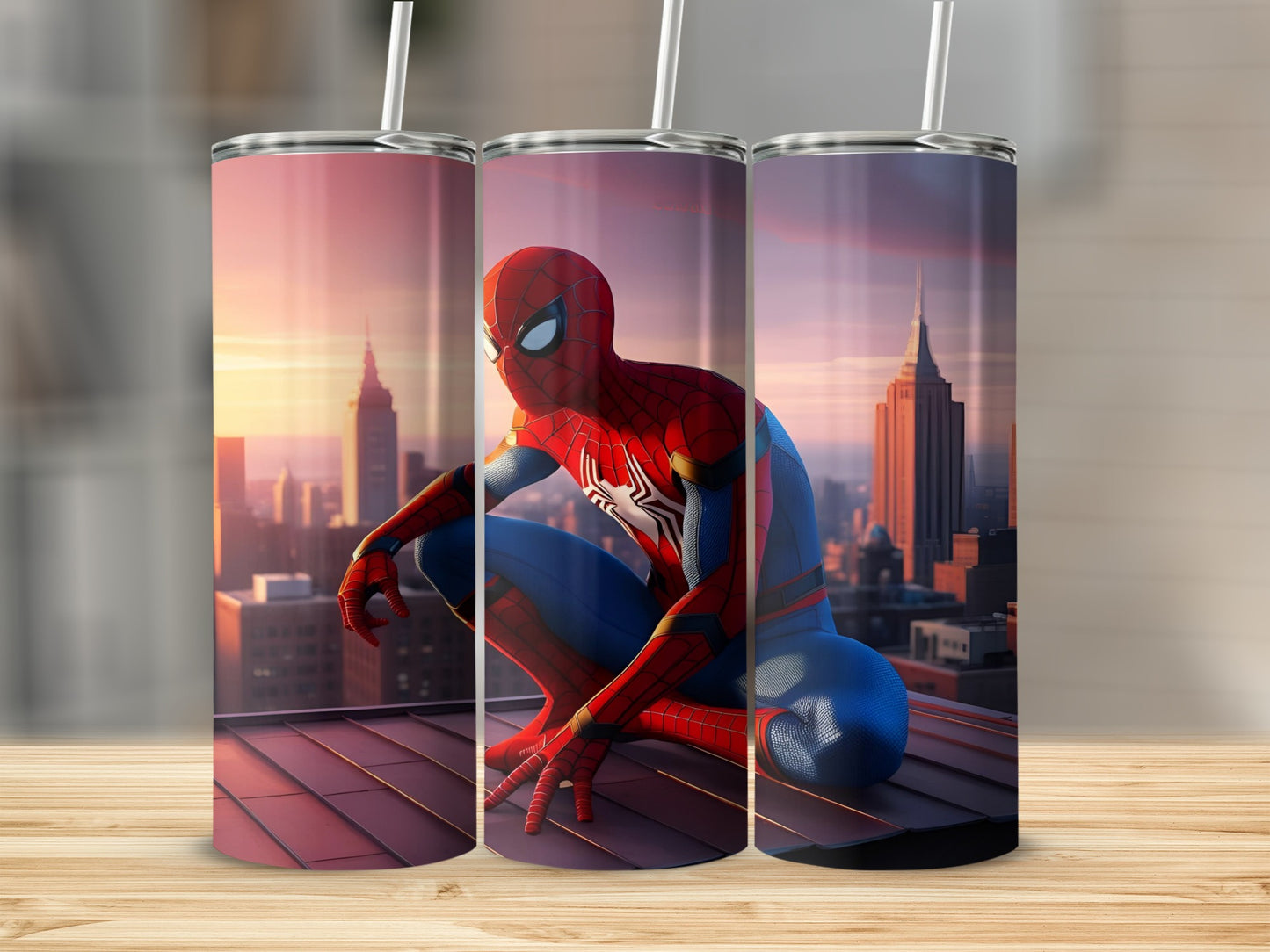 Spiderman crouches on a rooftop in a city at sunset.