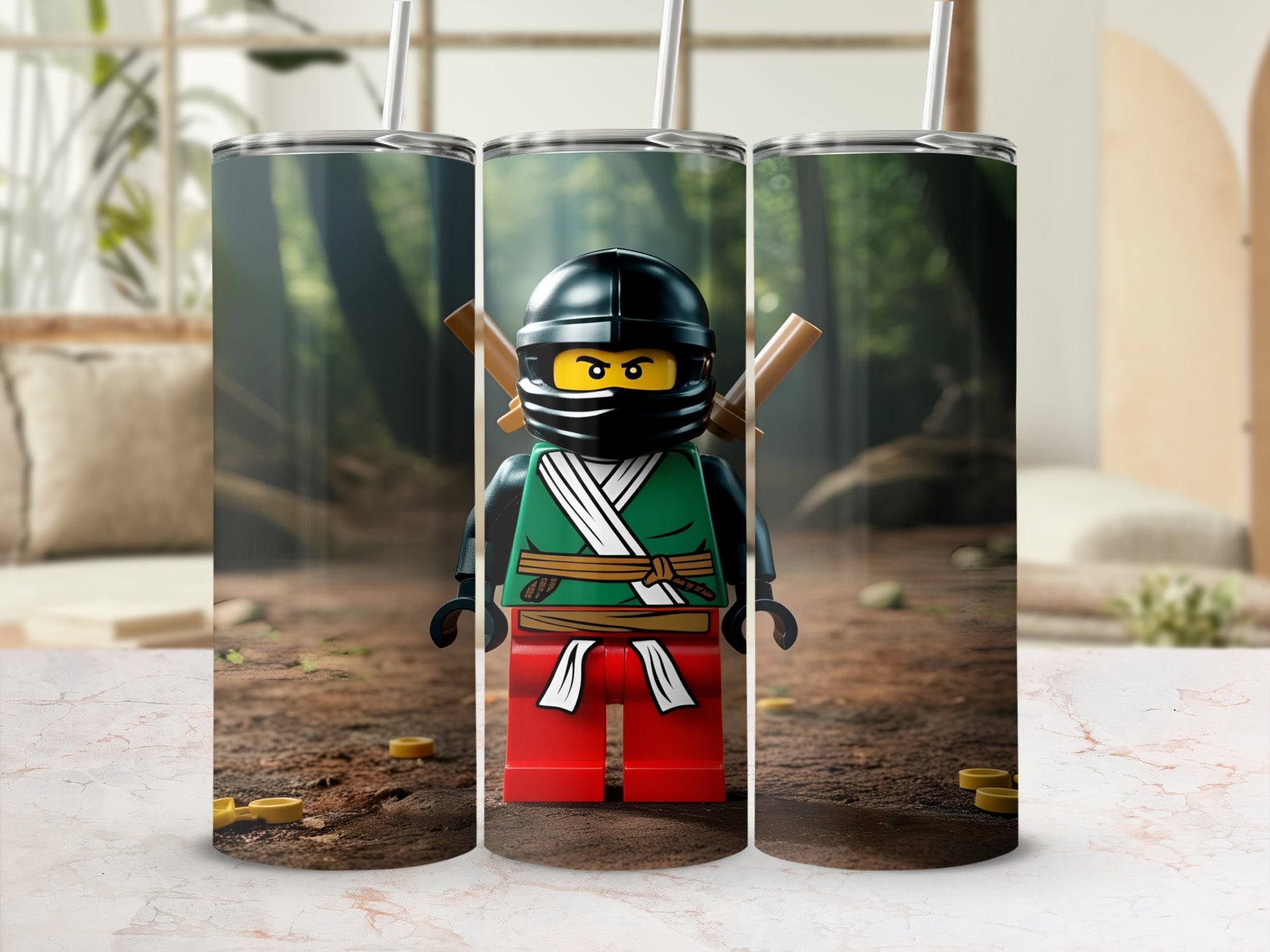 Ninjago Lego character in green and red outfit, holding swords, against forest backdrop.