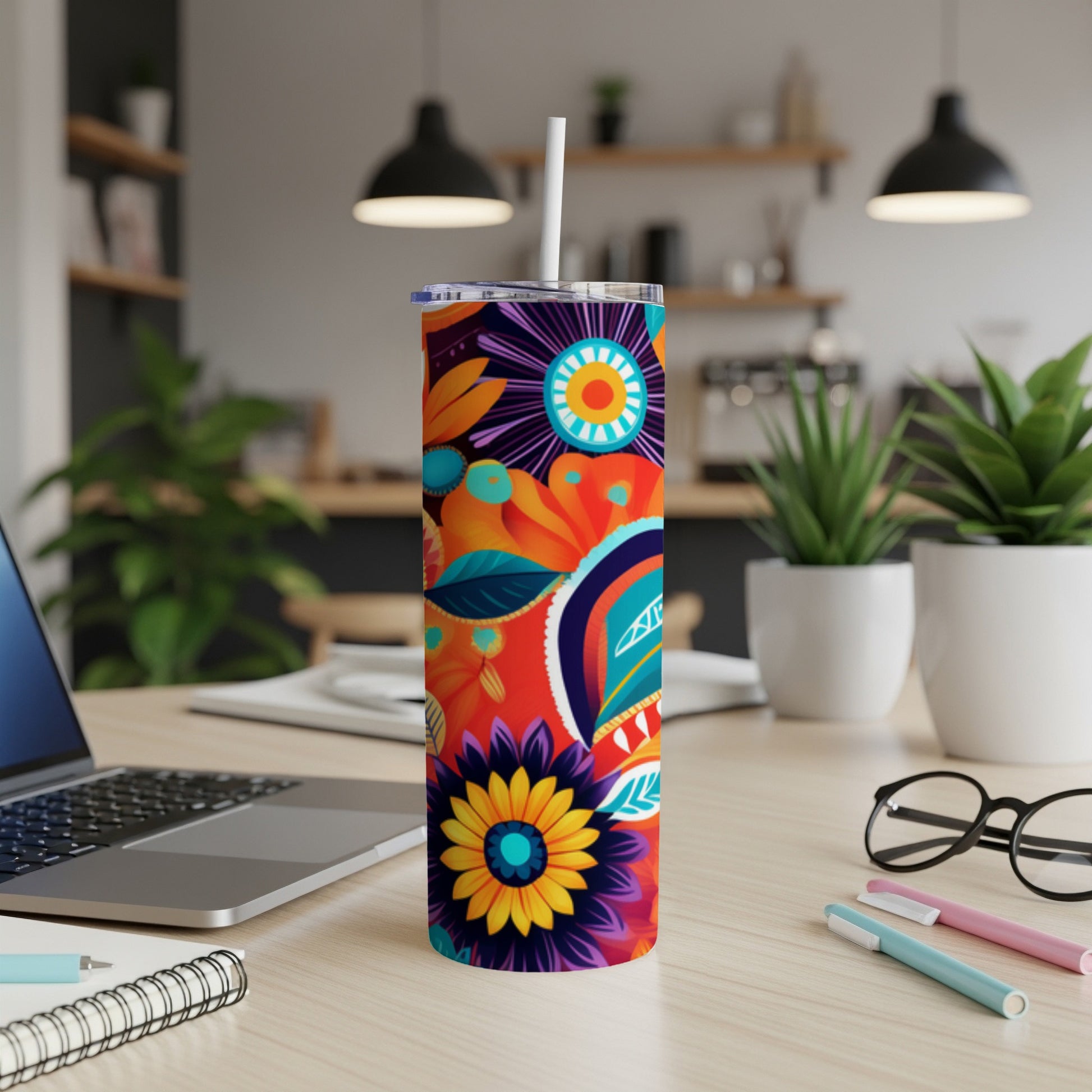 Tall tumbler with colorful floral and paisley pattern.