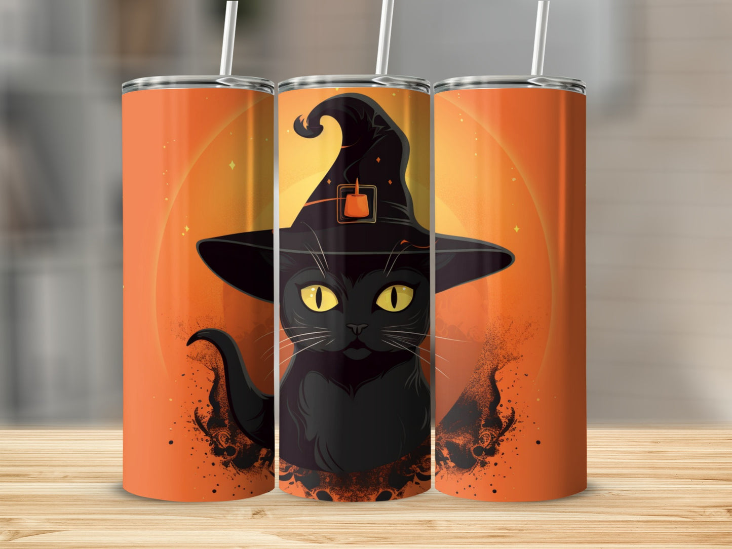 Black cat wearing a witch hat on an orange background with stars.