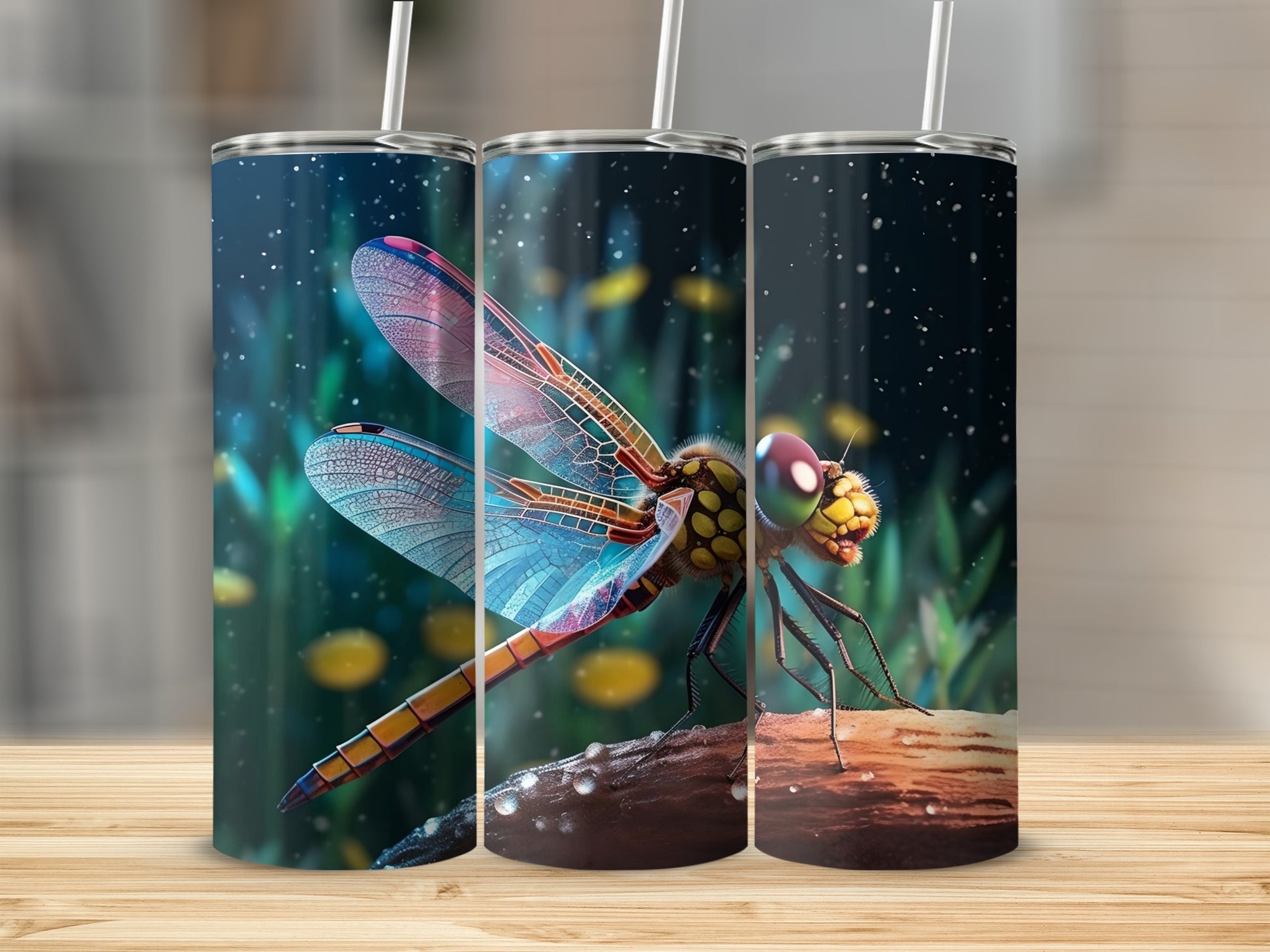 Colorful Dragonfly on Wooden Log Tumbler Cup