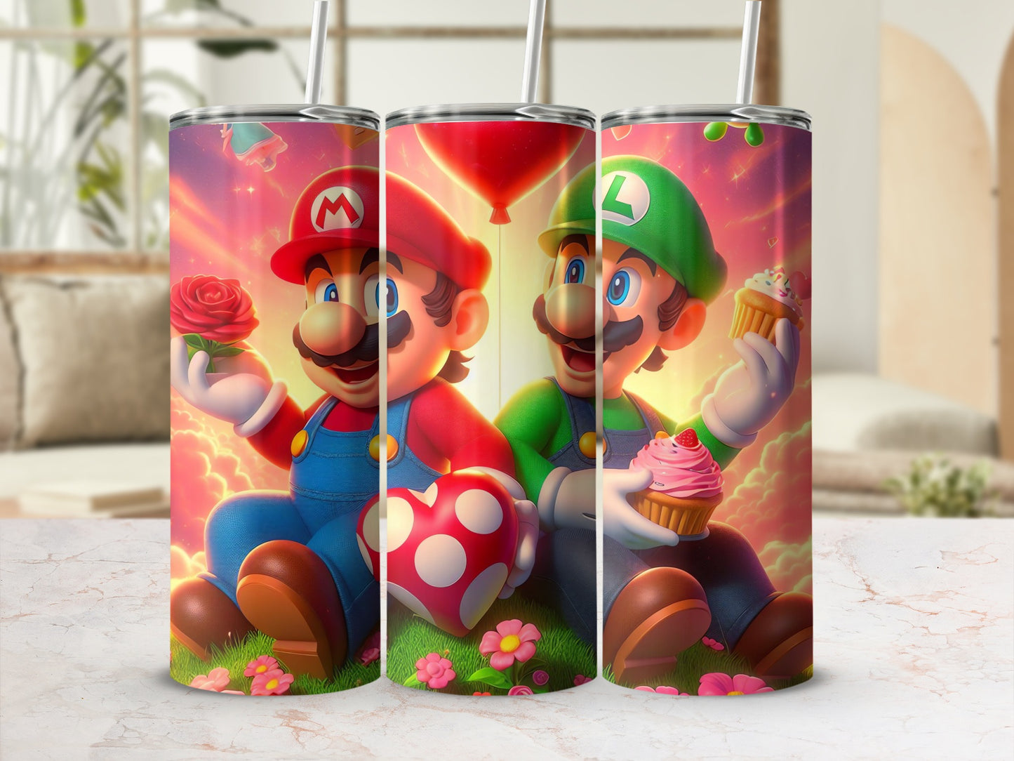 Mario and Luigi Holding Cupcakes Tumbler Set