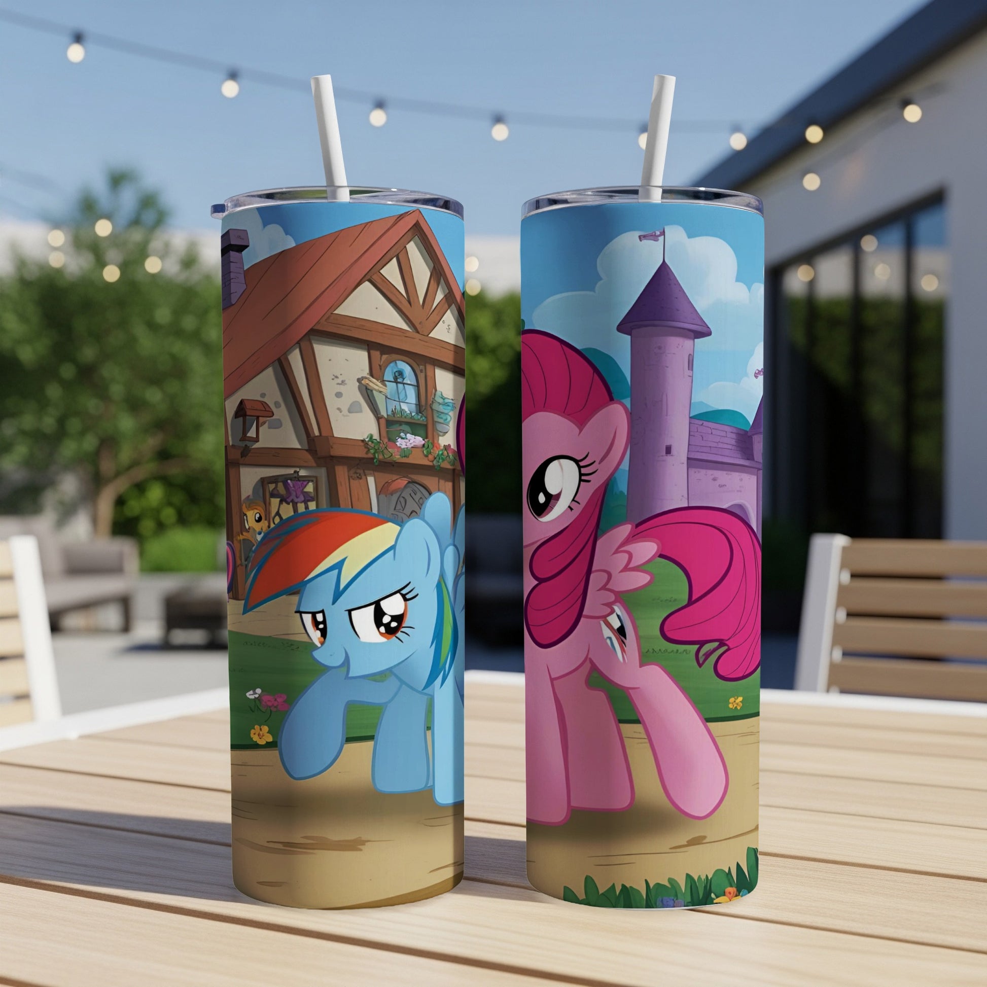 Two My Little Pony characters, Rainbow Dash and Pinkie Pie, on insulated tumblers.