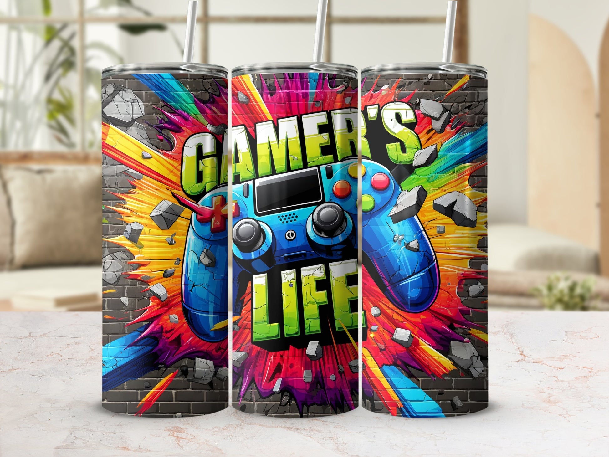 Tumbler with a cracked brick background and "Gamer's Life" text.