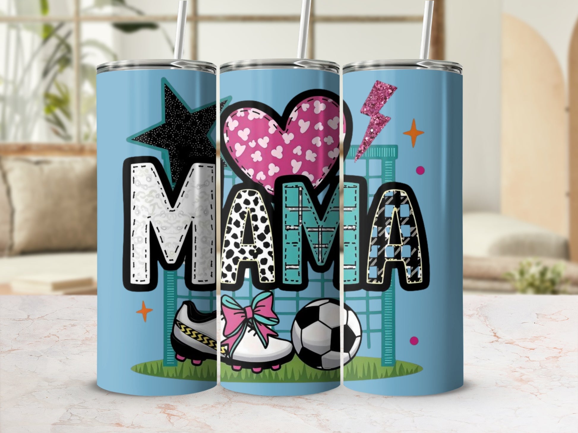 Mama Soccer Heart Star Lightning Stainless Steel Tumbler