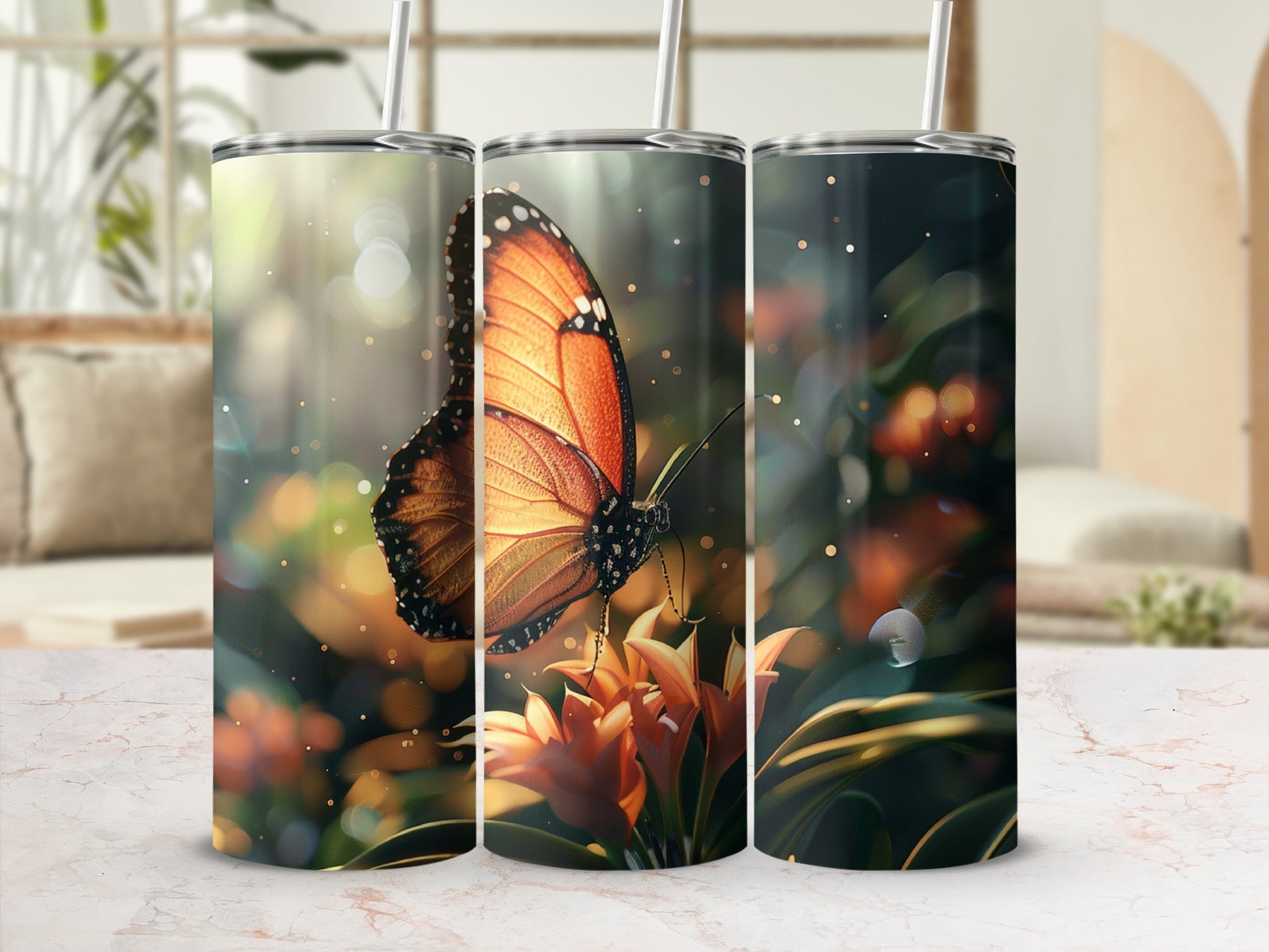 Orange monarch butterfly on flower, shown on three tumblers.