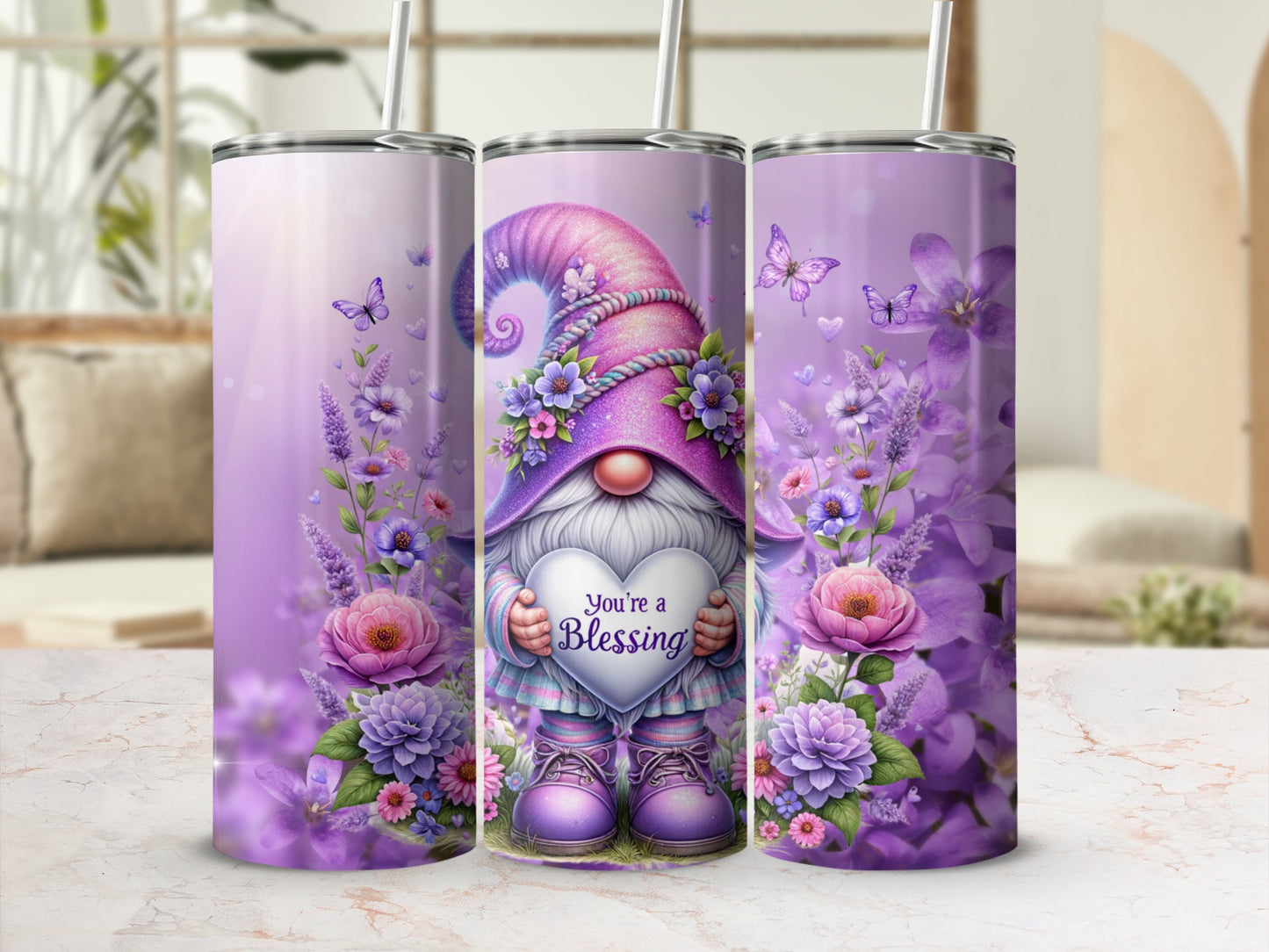 Cute Gnome with Flowers and Butterflies Tumbler Cup