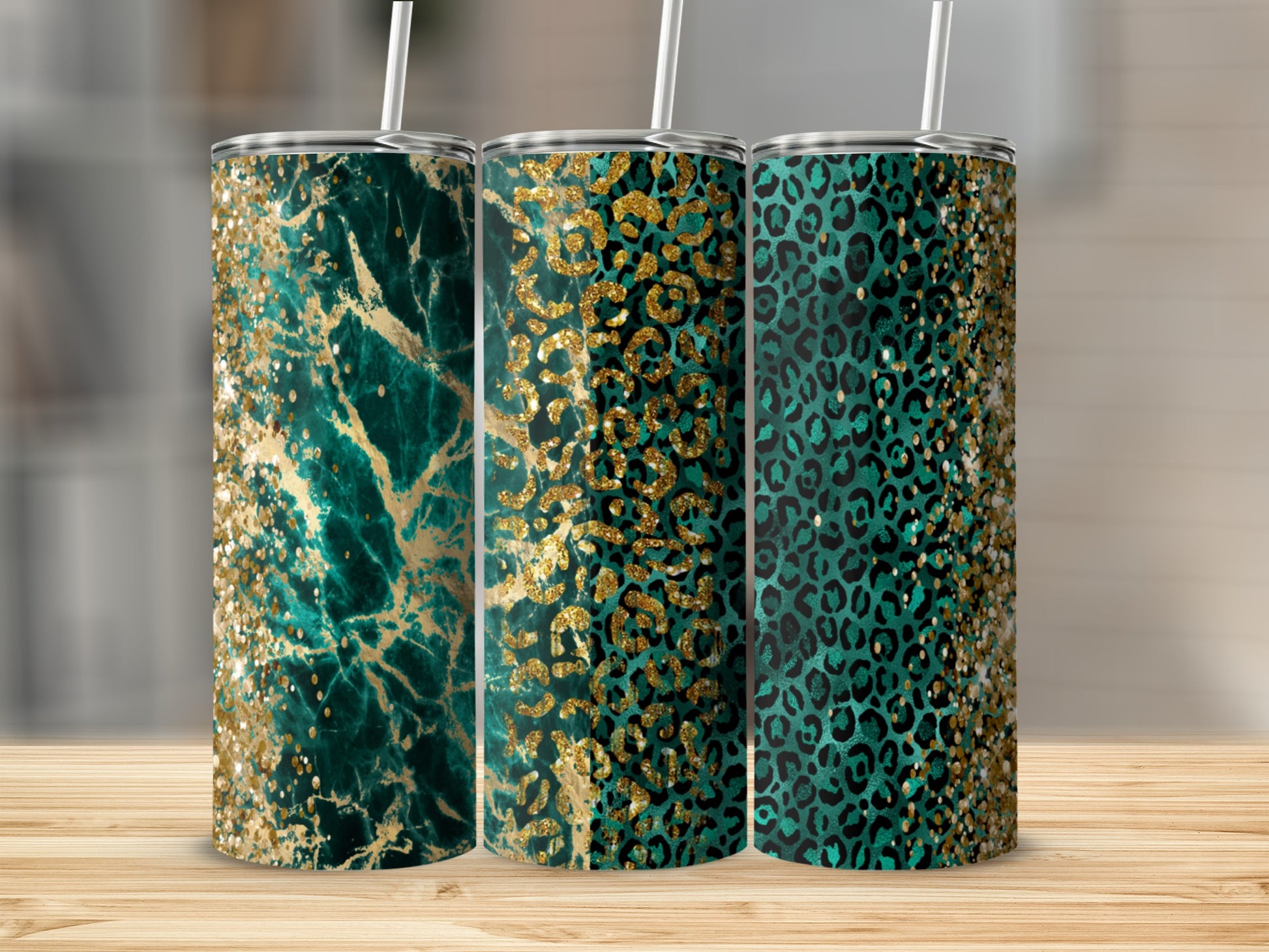 Three tumblers with green marble, gold glitter, and leopard print designs.