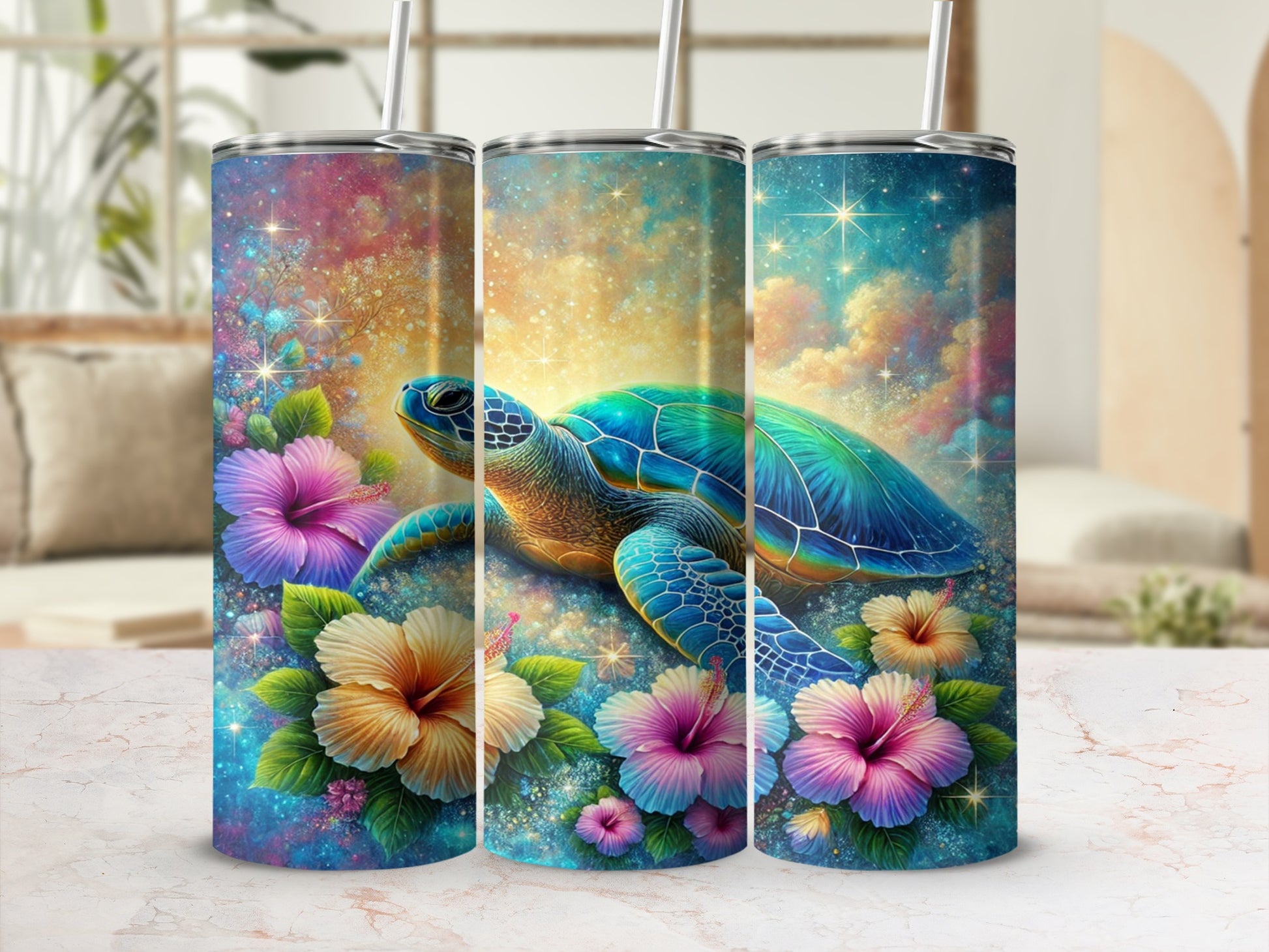Colorful Turtle and Flowers Glitter Design tumbler