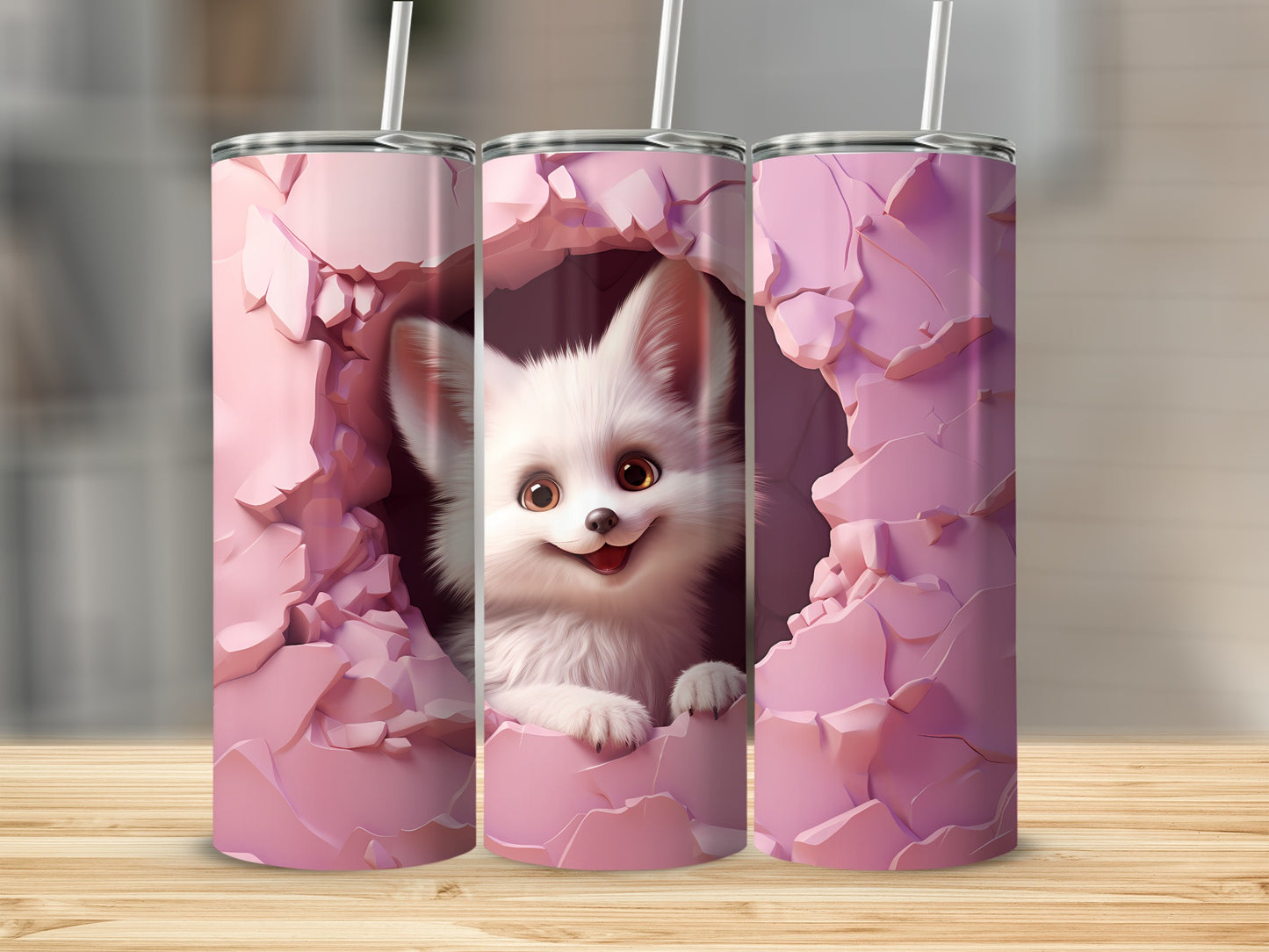 Cute Puppy Design Tumbler with Pink Cracked Background