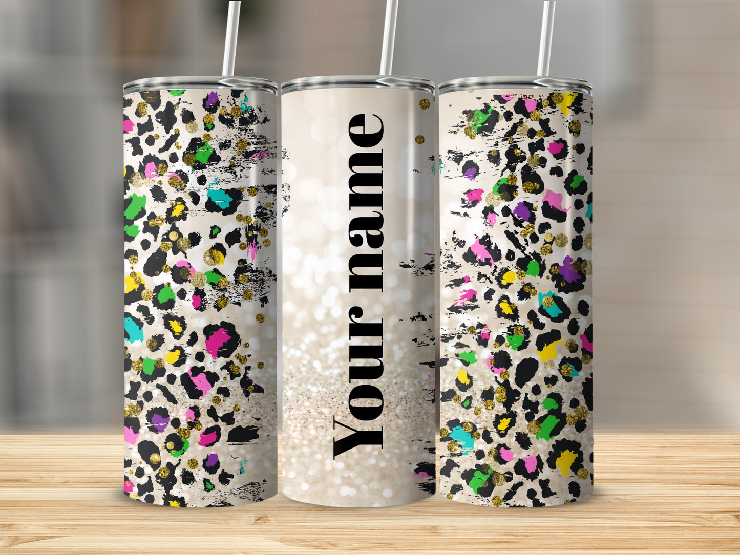 Personalized Colorful Leopard Print Tumbler with Straws