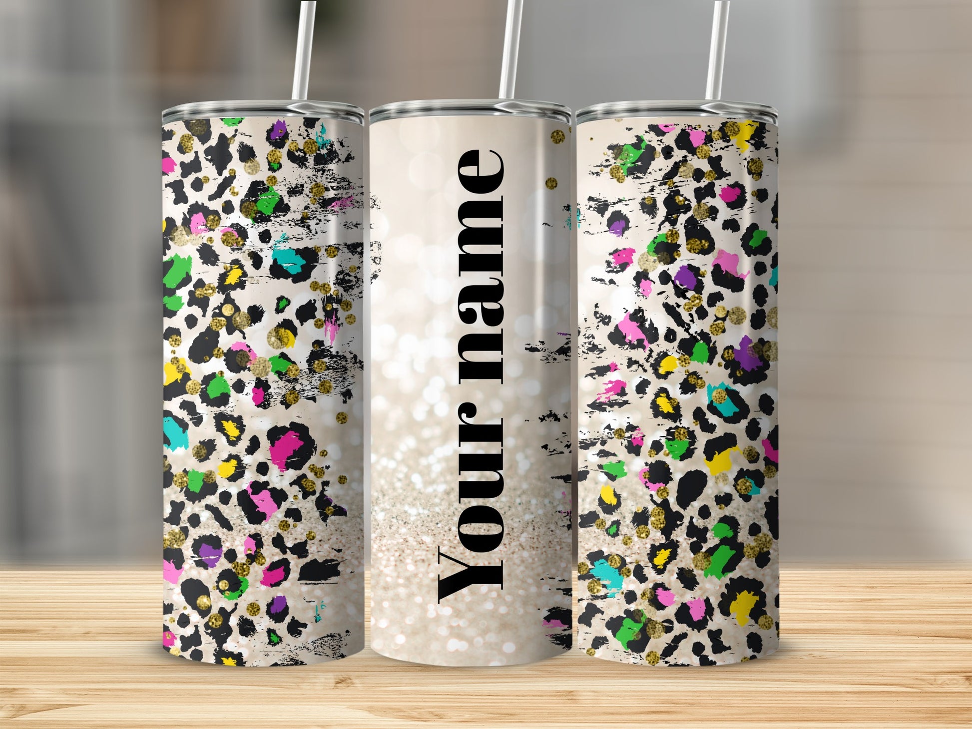 Personalized Colorful Leopard Print Tumbler with Straws