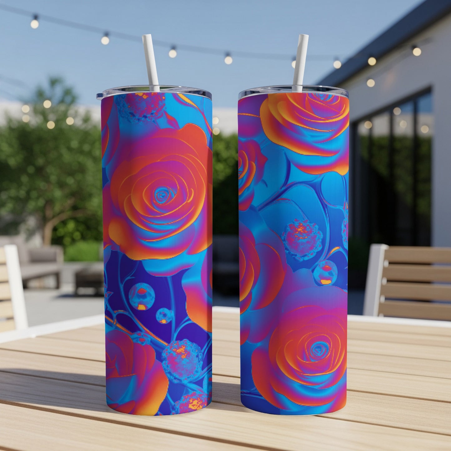 Two blue and orange rose patterned tumblers on a wooden table.