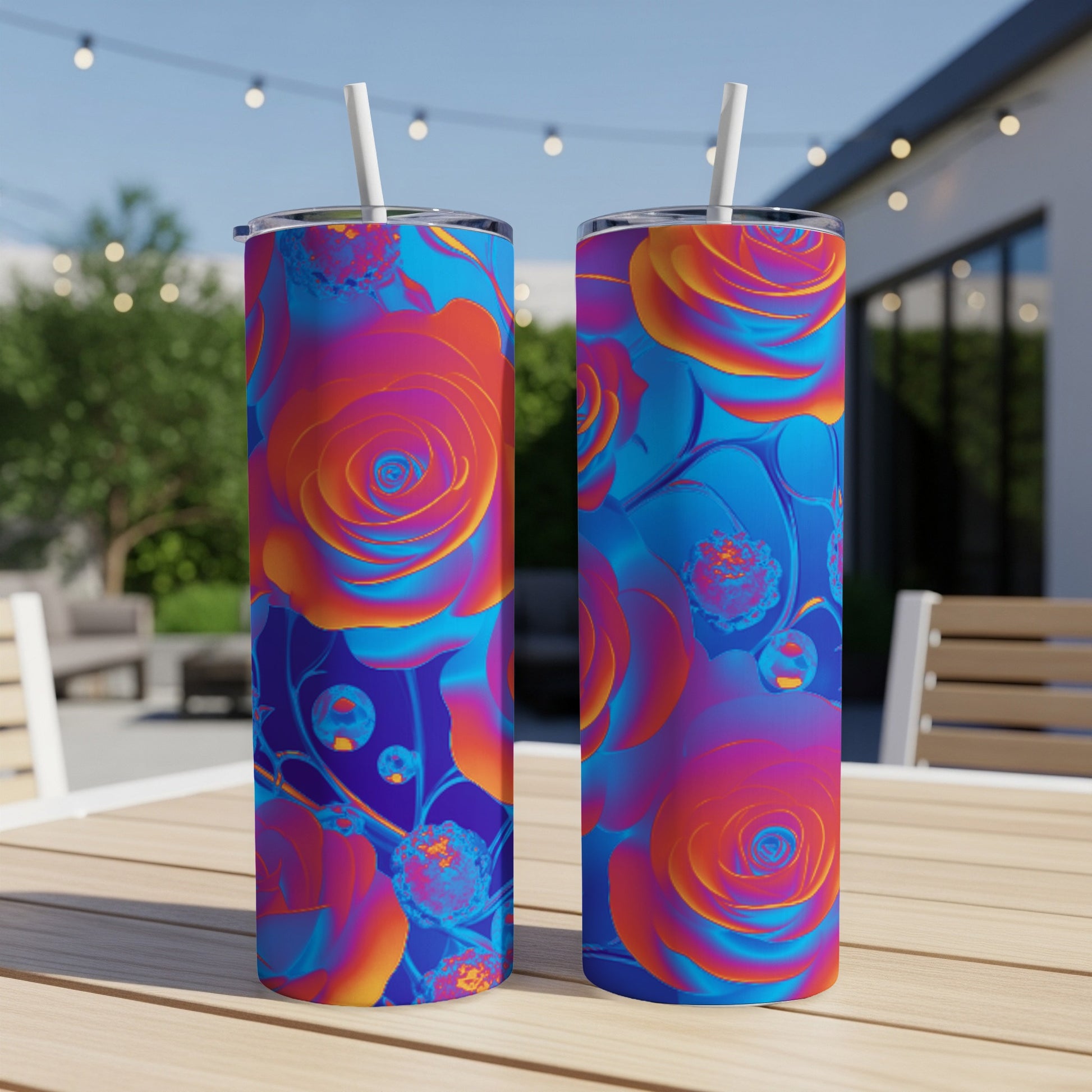Two blue and orange rose patterned tumblers on a wooden table.