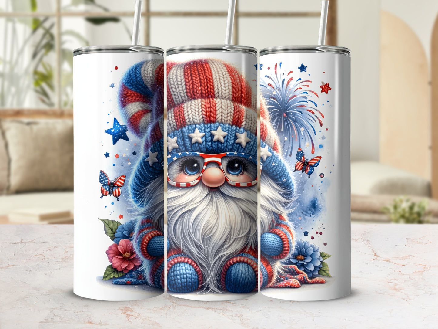 Patriotic gnome with glasses wearing a striped hat and stars.