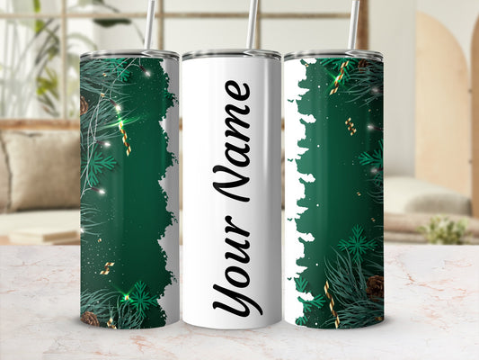 Customizable Festive Green Holiday Tumbler with Straw