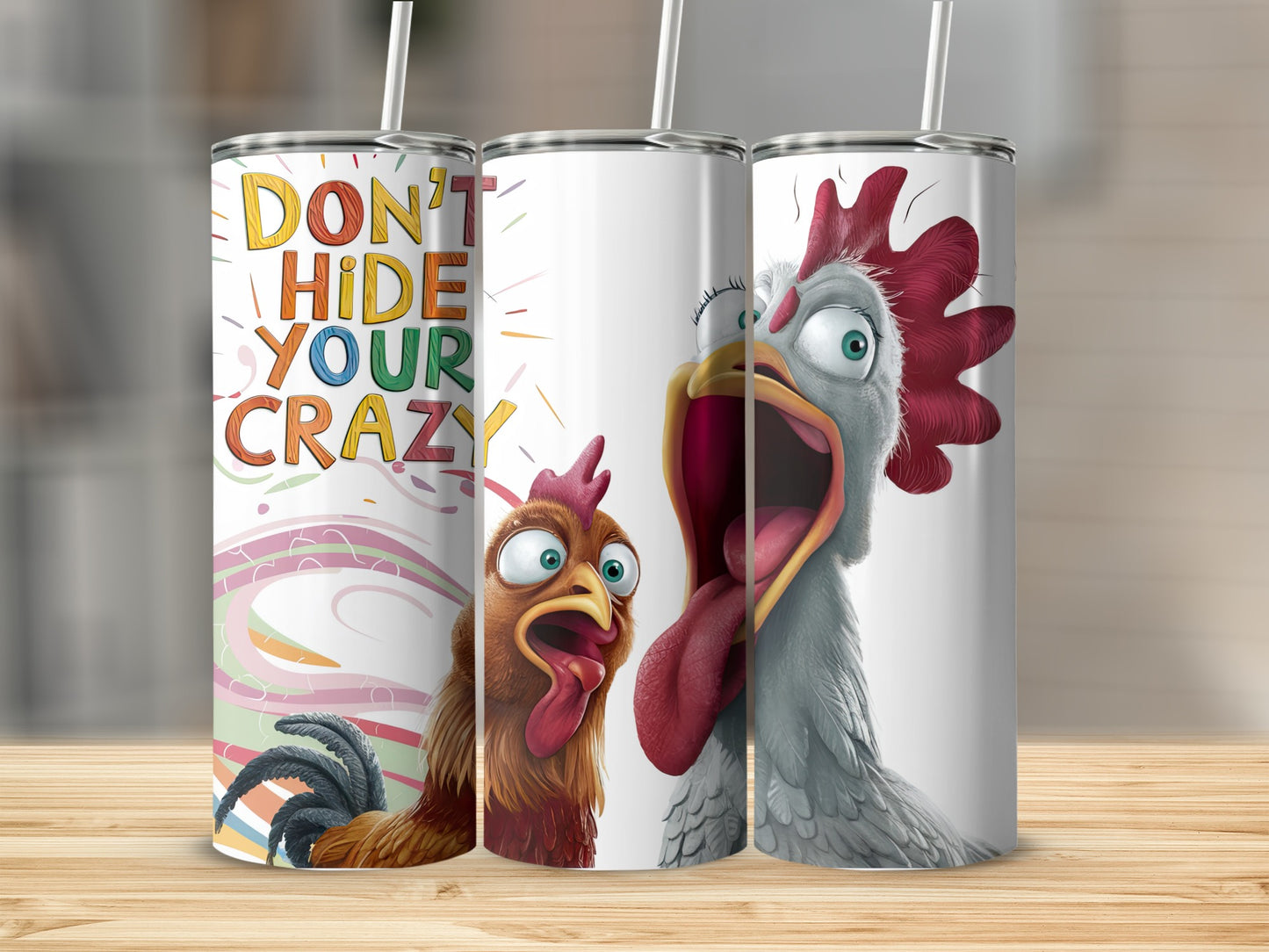 Two cartoon chickens with exaggerated expressions on tumblers.