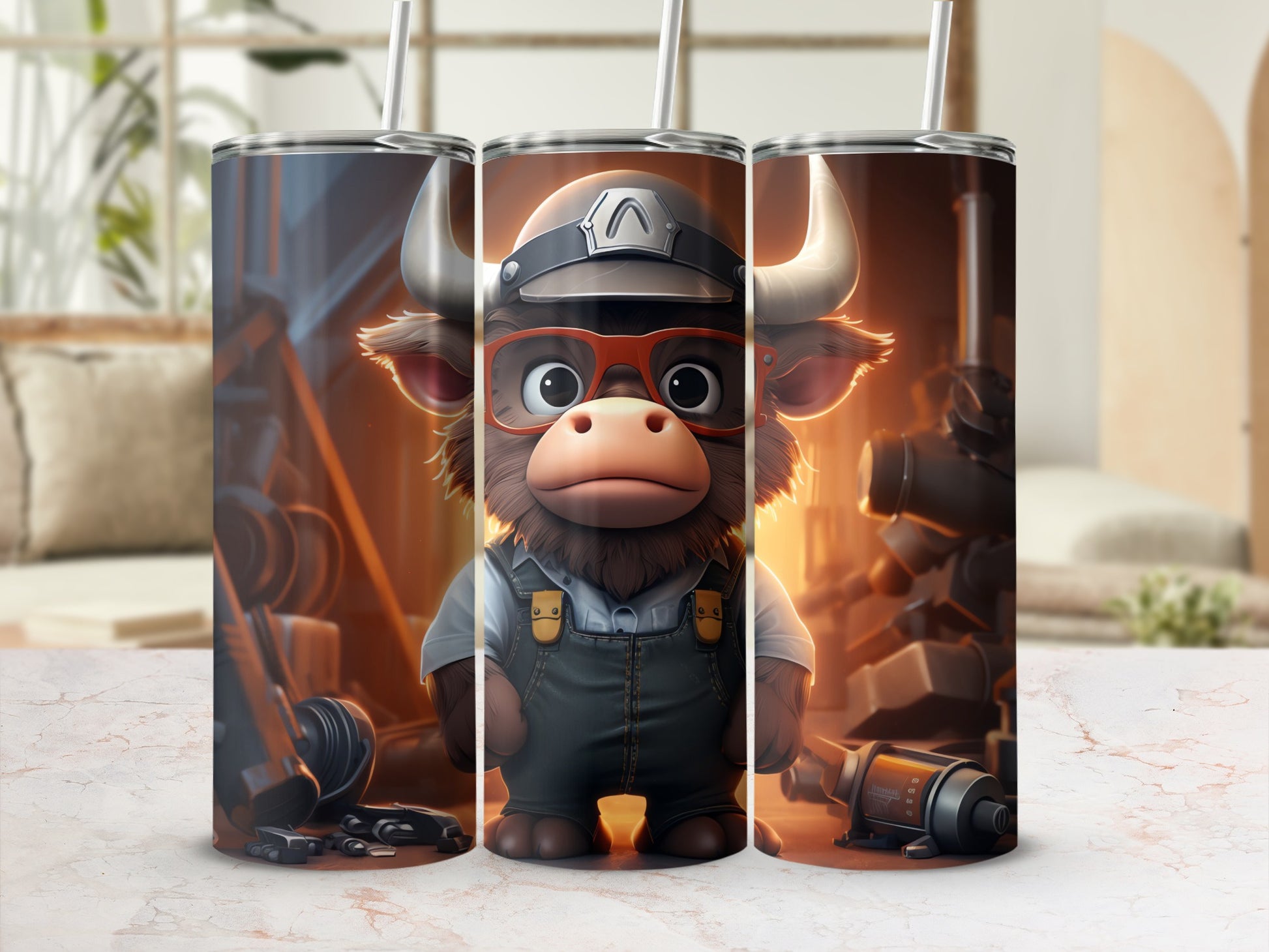 Adorable Bull Character Hard Hat Glasses Overalls Tumbler product type