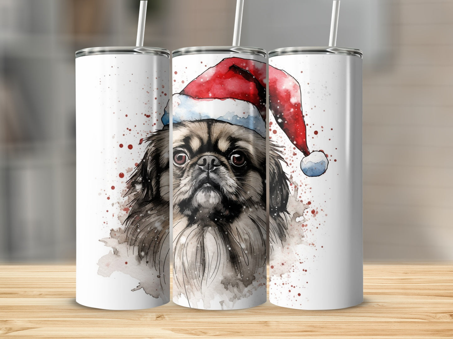 Watercolor pekingese dog wearing a Santa hat, displayed on three tumblers.