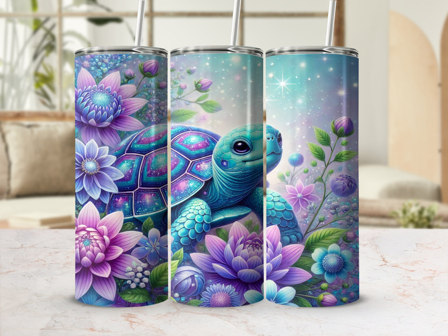 Enchanting Turtle and Floral Design Insulated Tumbler