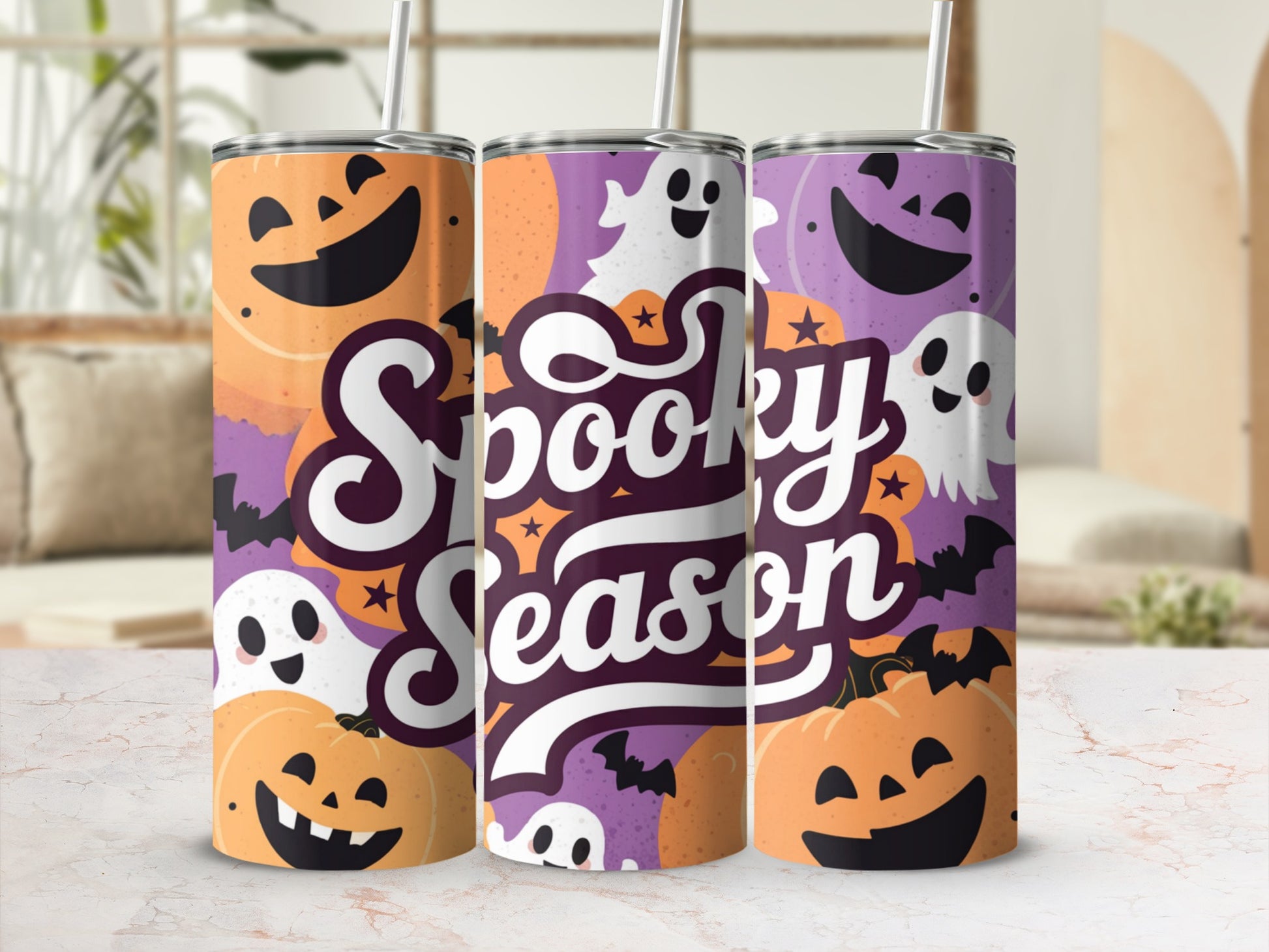 Three tumblers with Halloween pumpkins and ghosts, featuring the text "Spooky Season".