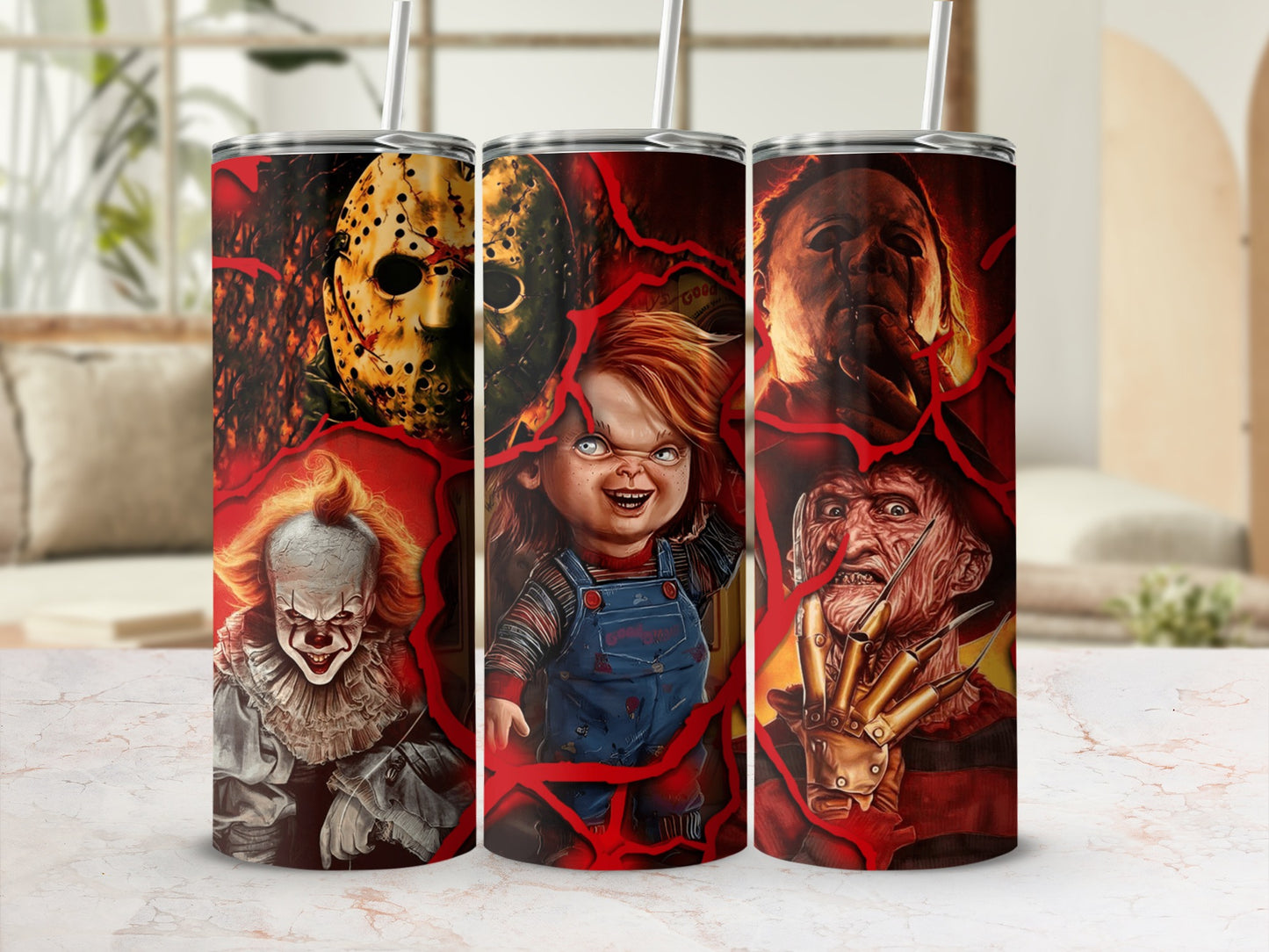 Three tumblers featuring horror characters: Pennywise, Chucky, Freddy Krueger, Jason Voorhees, and Michael Myers.