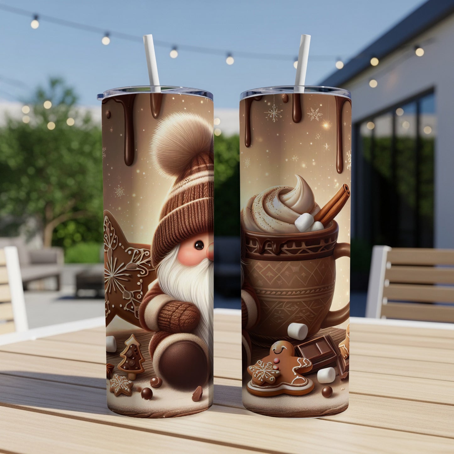 Santa and gingerbread cookies on a festive Christmas tumbler, with hot cocoa.