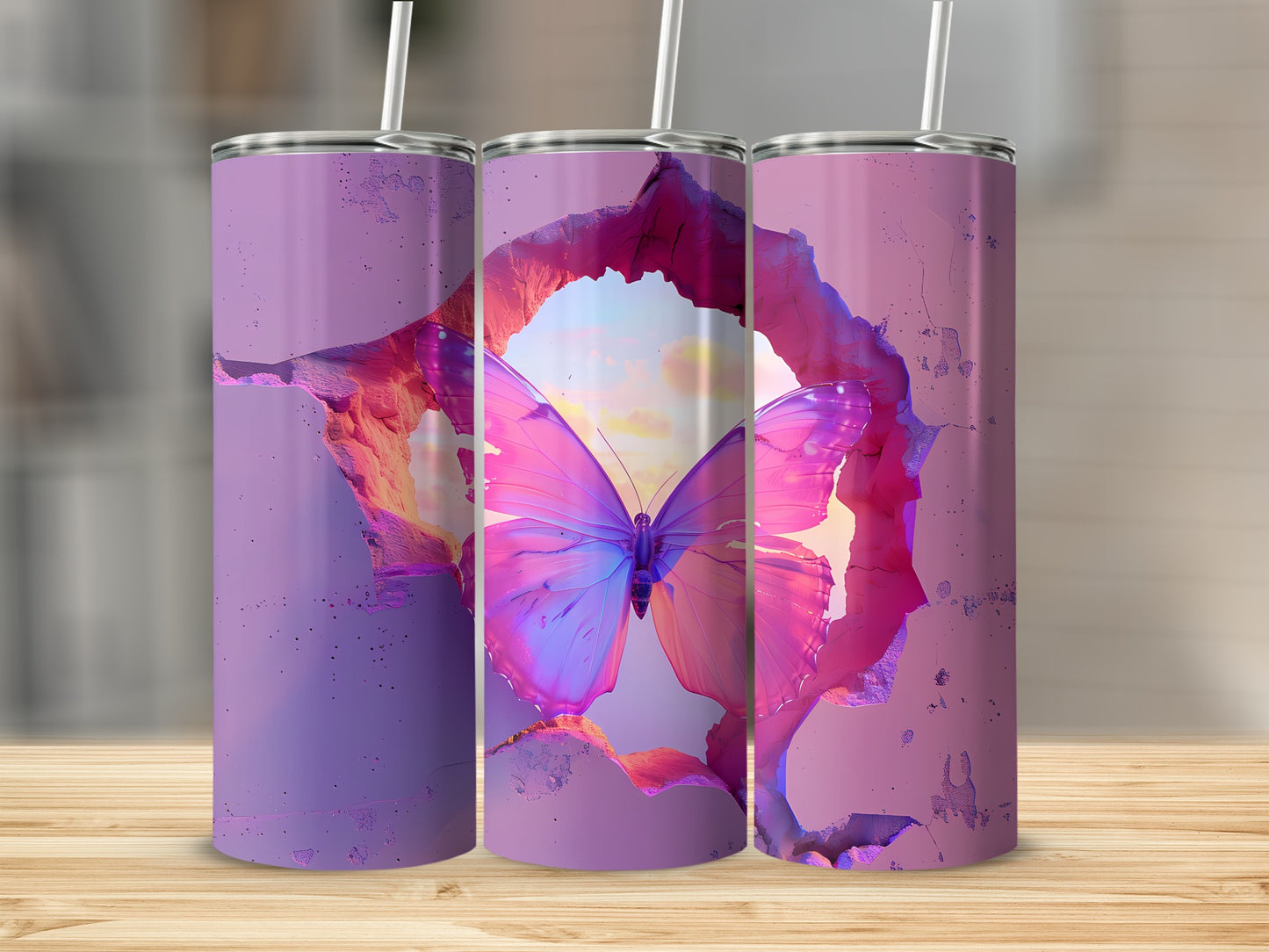 Pink and purple butterfly emerging from cracked earth design on a tumbler.