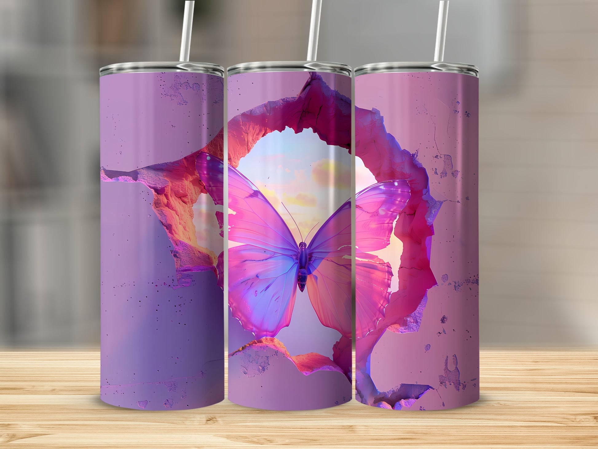Pink and purple butterfly emerging from cracked earth design on a tumbler.