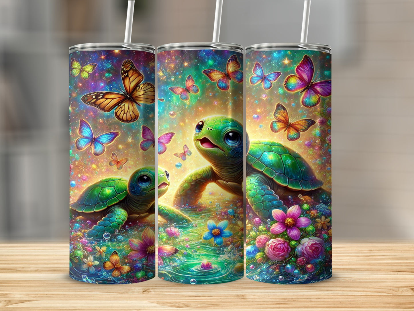 Colorful Turtle and Butterflies Design Tumbler Cup
