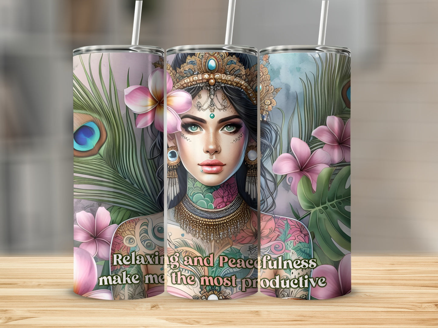Goddess with peacock feathers and flowers, "Relaxing and Peacefulness Make Me the Most Productive" quote.