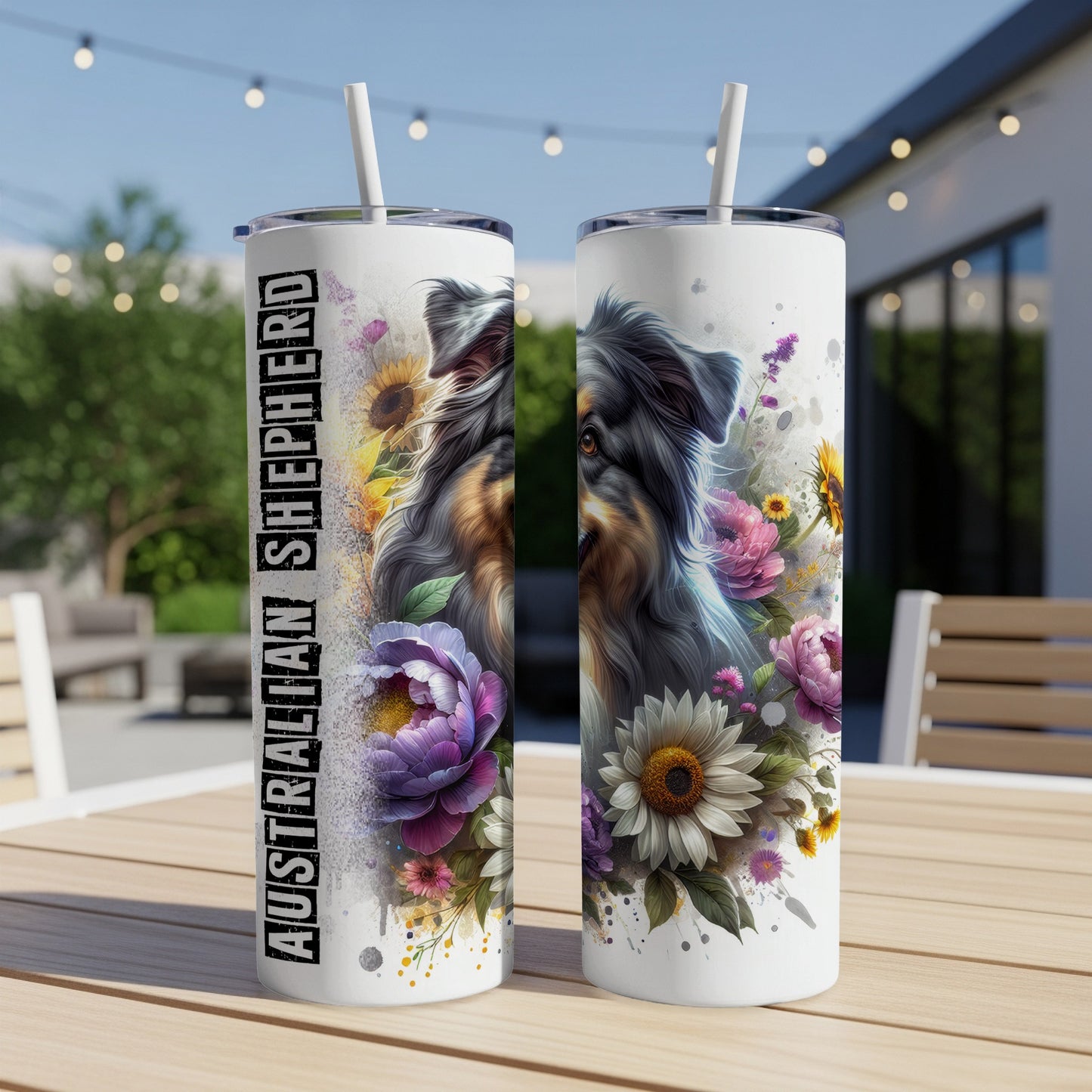 Two Australian Shepherd tumblers with floral designs and the text "Australian Shepherd".