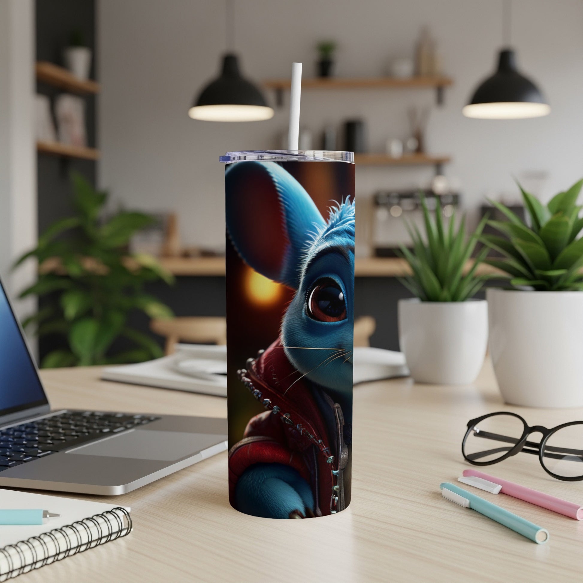 Blue mouse character in red jacket on tumbler.