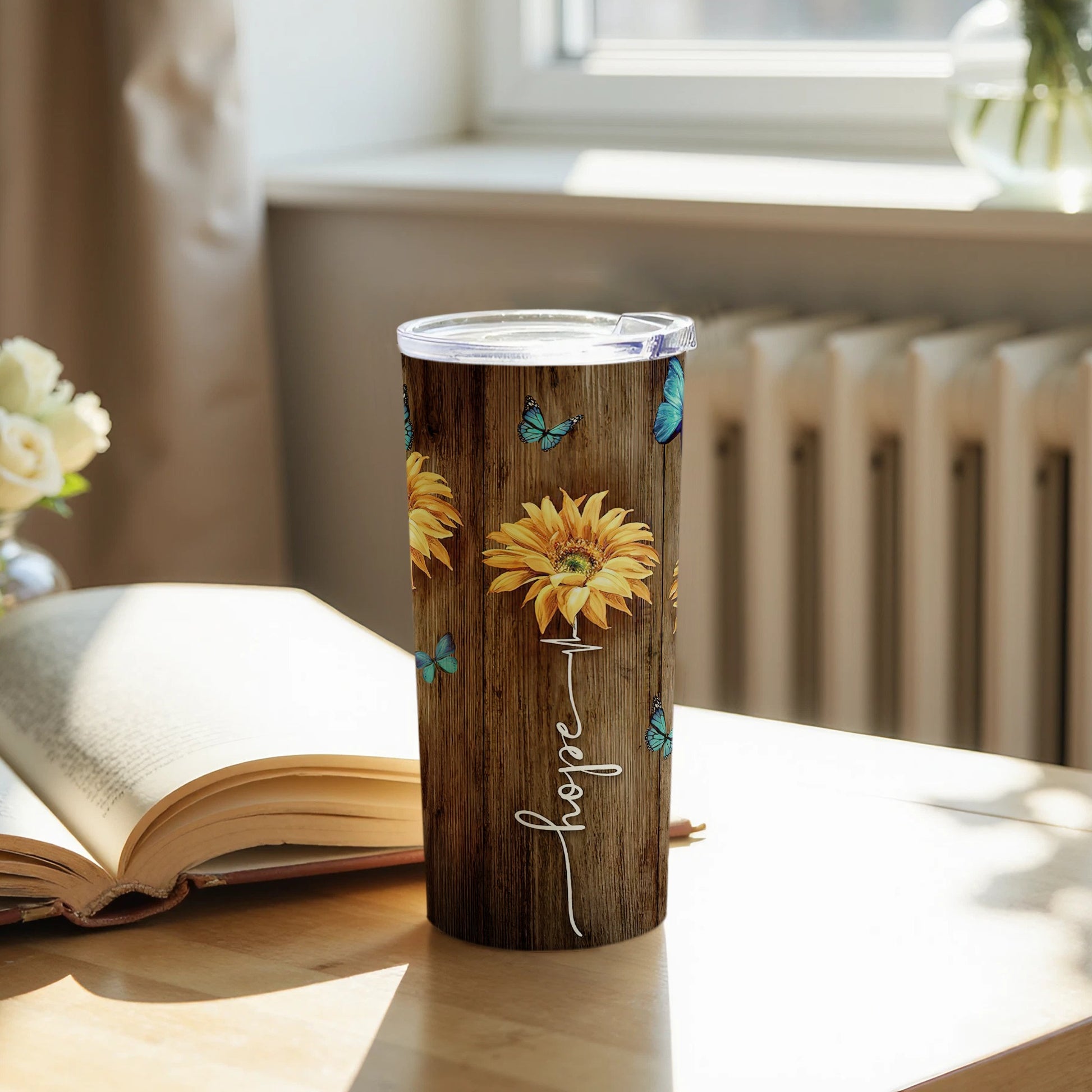 Hope Sunflower and Butterflies Design Tumbler Cup