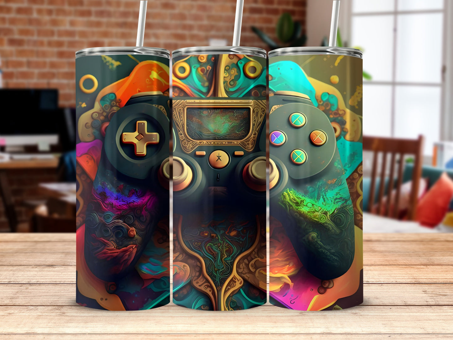 Abstract Artistic Gaming Themed Tumbler with Vibrant Colors