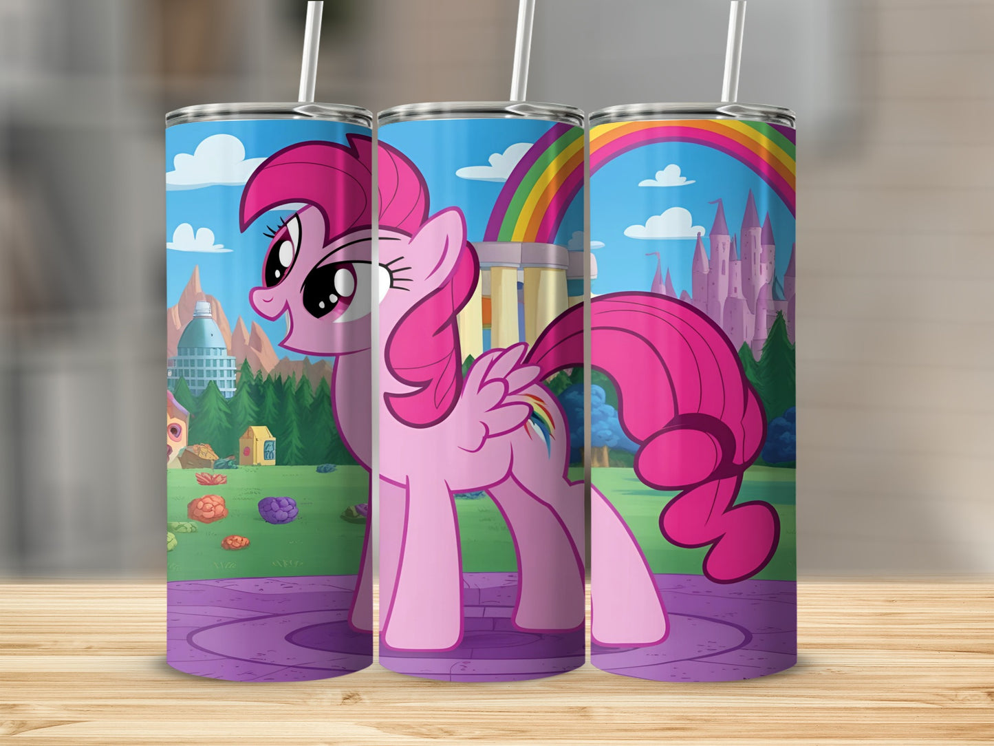 Pinkie Pie from My Little Pony with rainbow background and castle.